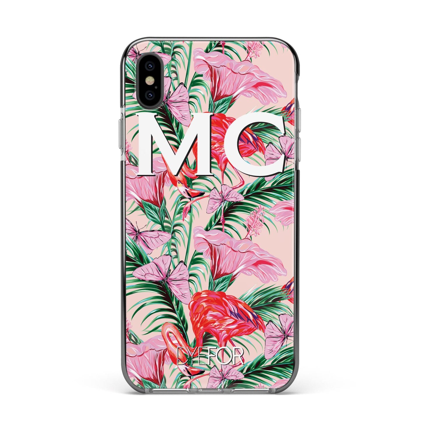 Personalised Tropical Pink Flamingo Apple iPhone Xs Max Impact Case Black Edge on Black Phone