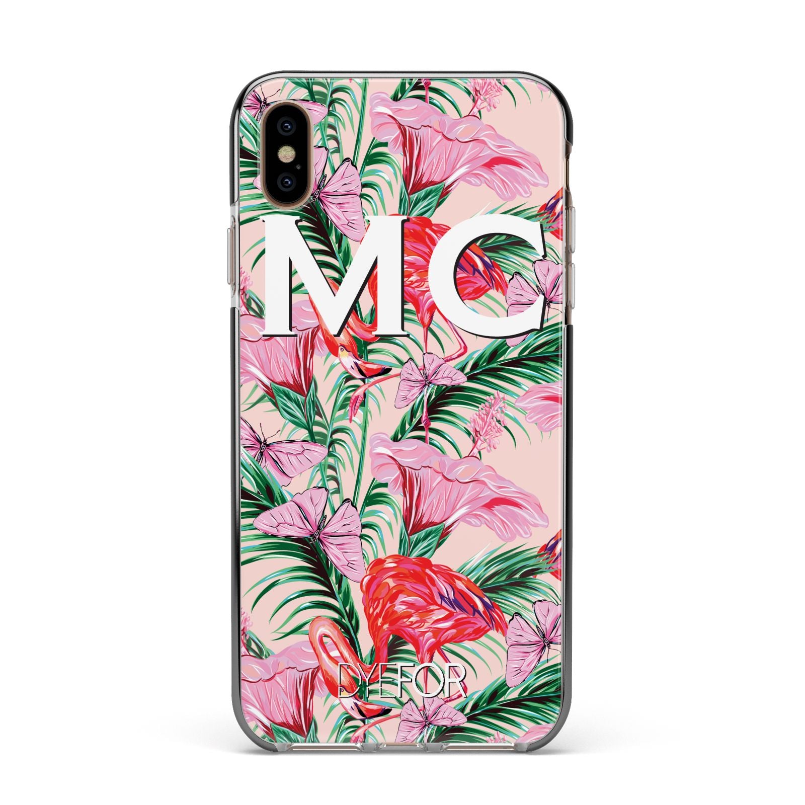 Personalised Tropical Pink Flamingo Apple iPhone Xs Max Impact Case Black Edge on Gold Phone