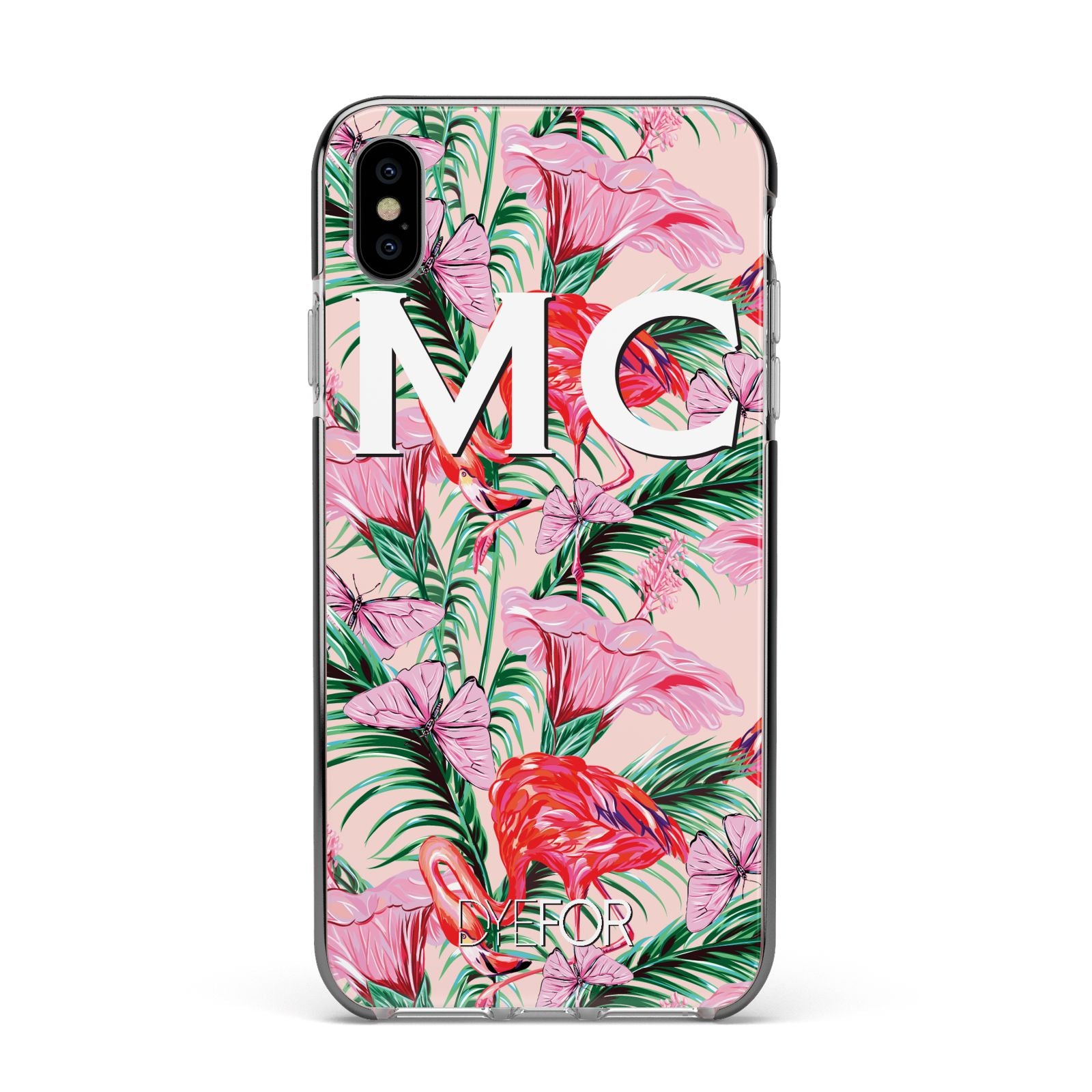 Personalised Tropical Pink Flamingo Apple iPhone Xs Max Impact Case Black Edge on Silver Phone