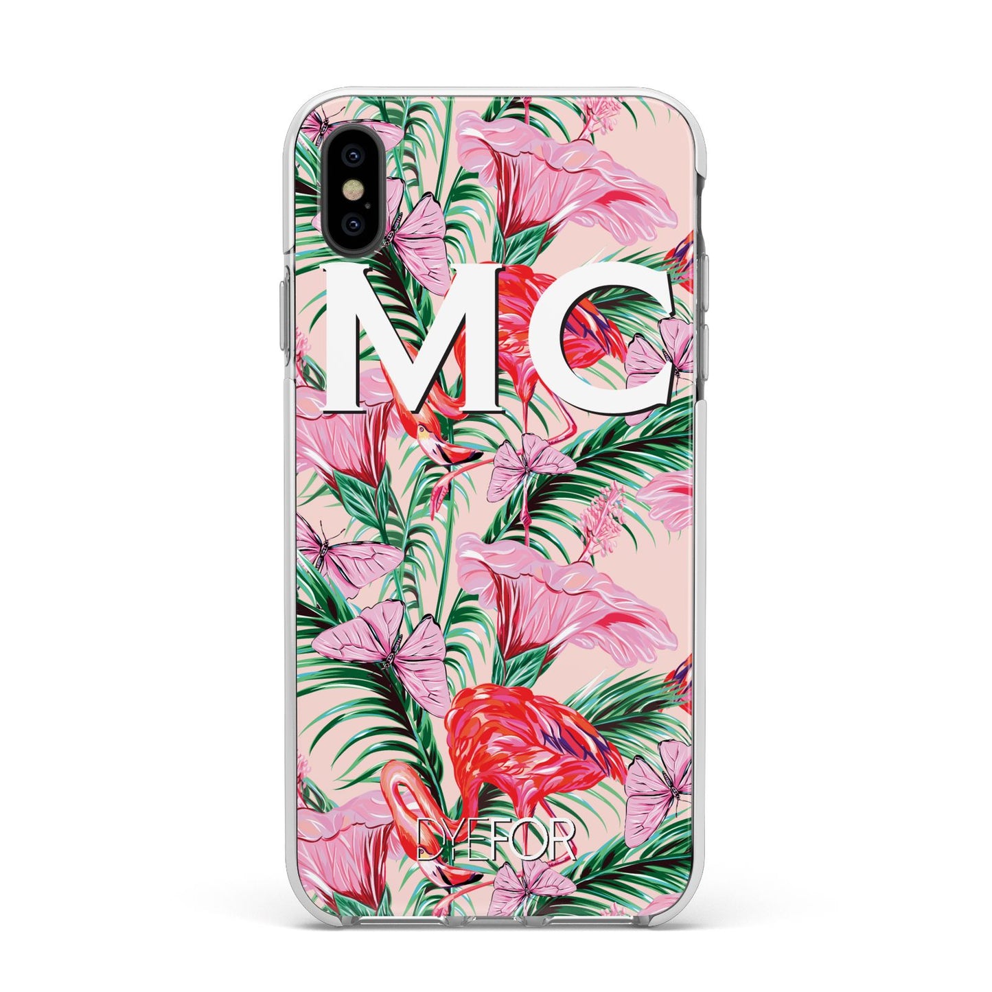Personalised Tropical Pink Flamingo Apple iPhone Xs Max Impact Case White Edge on Black Phone