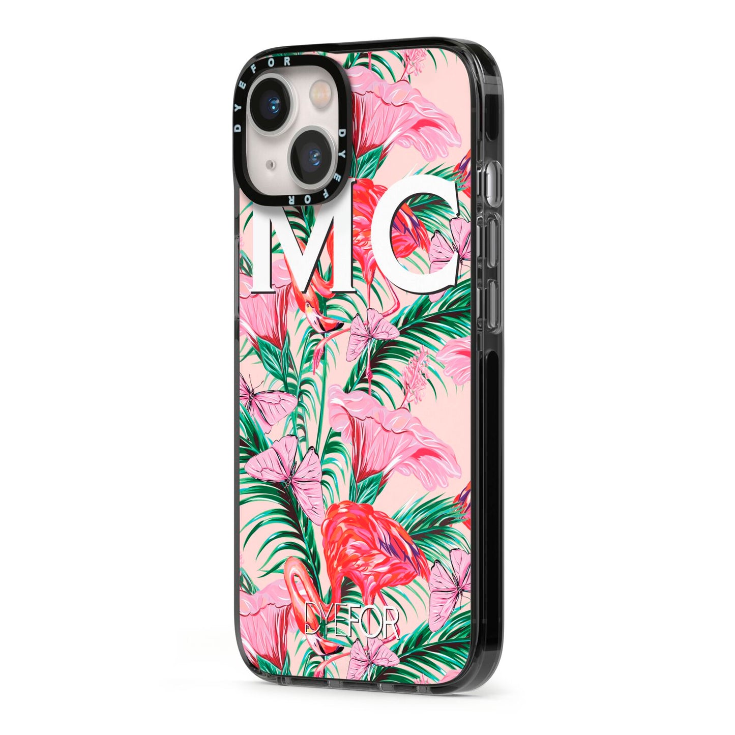 Personalised Tropical Pink Flamingo iPhone 13 Black Impact Case Side Angle on Silver phone