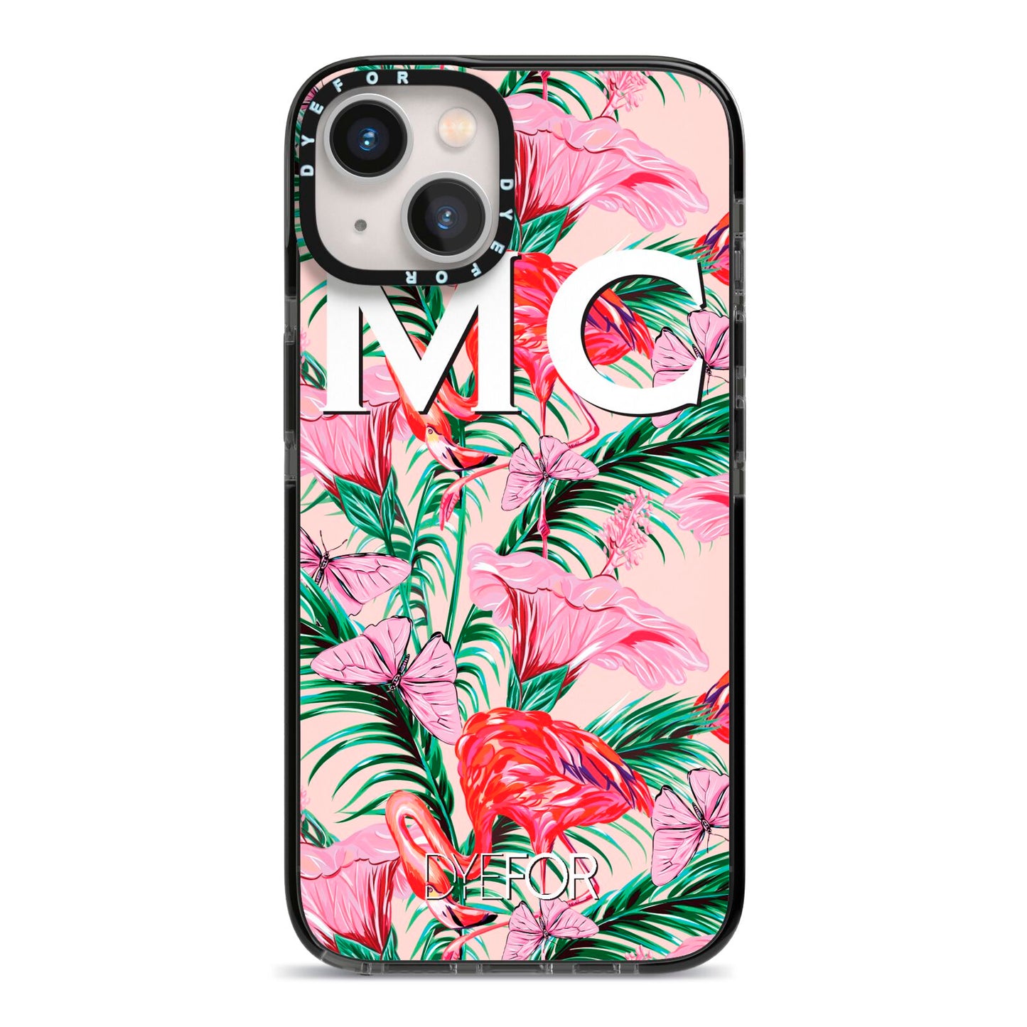 Personalised Tropical Pink Flamingo iPhone 13 Black Impact Case on Silver phone