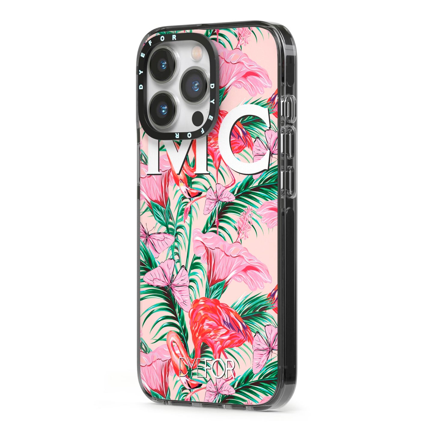 Personalised Tropical Pink Flamingo iPhone 13 Pro Black Impact Case Side Angle on Silver phone
