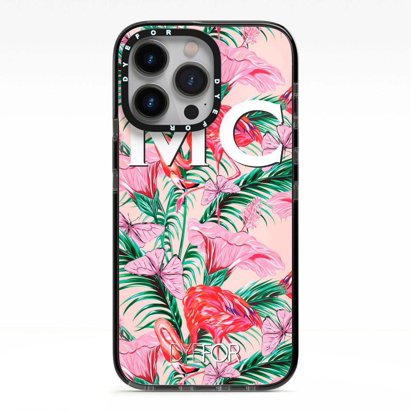 Personalised Tropical Pink Flamingo iPhone 13 Pro Black Impact Case on Silver phone