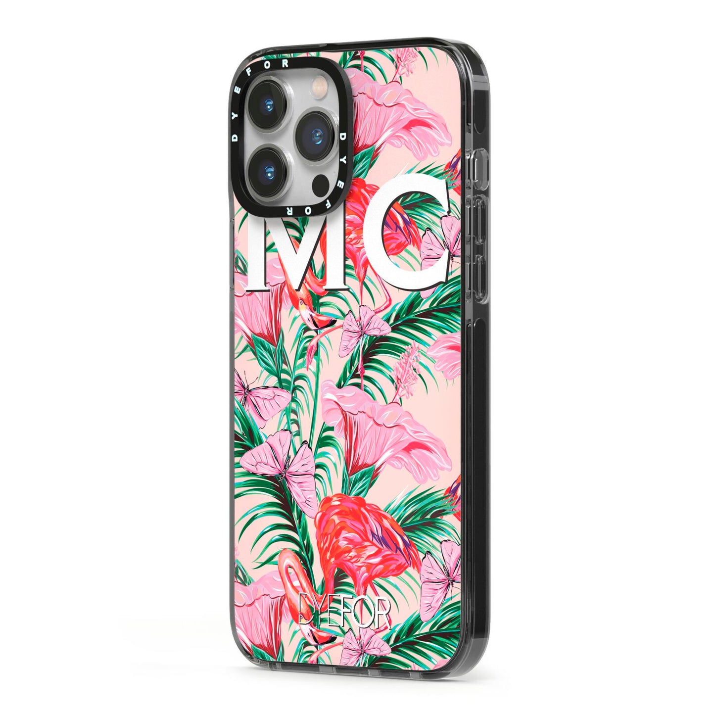 Personalised Tropical Pink Flamingo iPhone 13 Pro Max Black Impact Case Side Angle on Silver phone