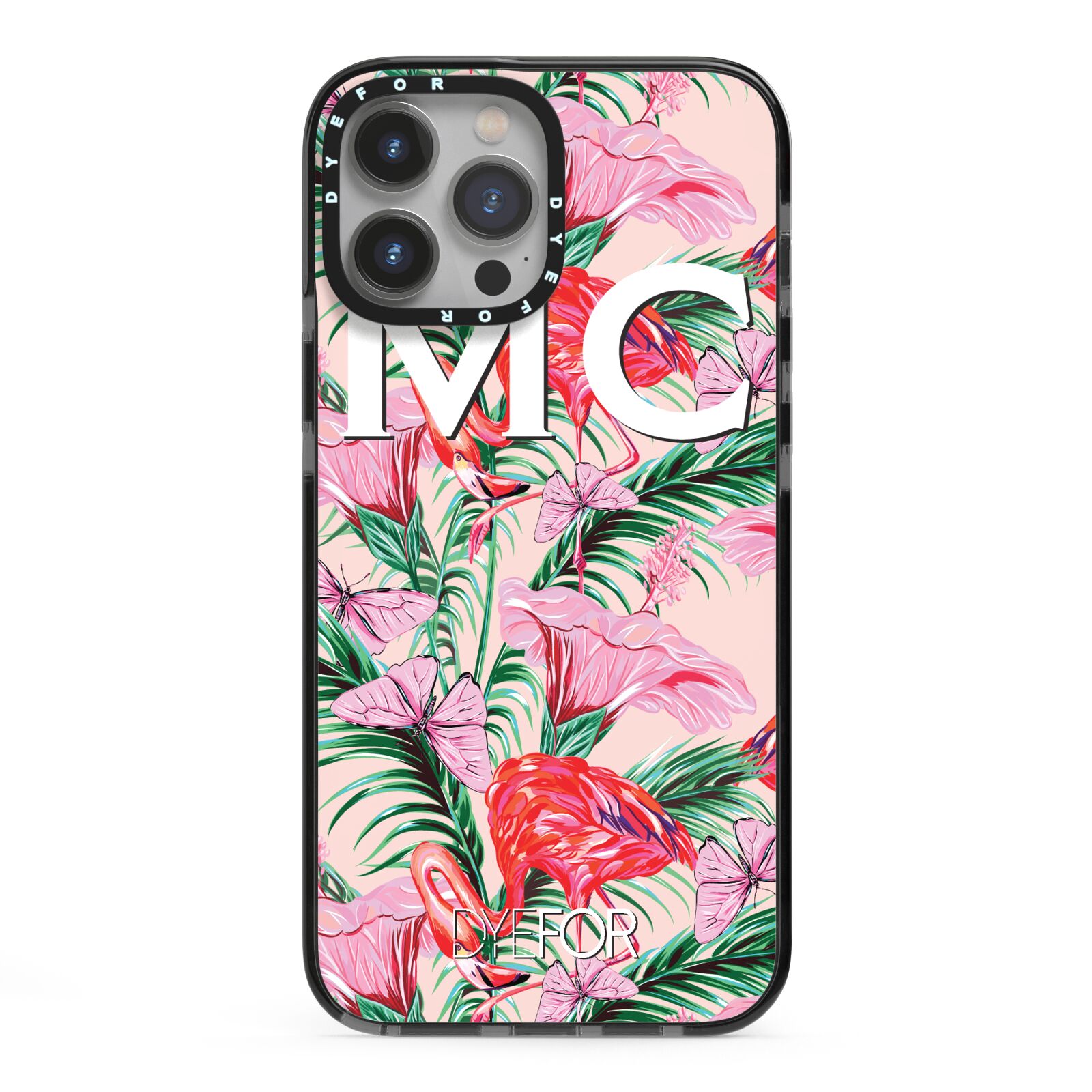 Personalised Tropical Pink Flamingo iPhone 13 Pro Max Black Impact Case on Silver phone
