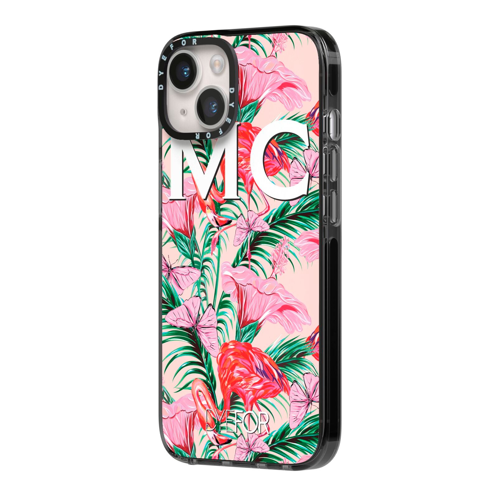 Personalised Tropical Pink Flamingo iPhone 14 Black Impact Case Side Angle on Silver phone