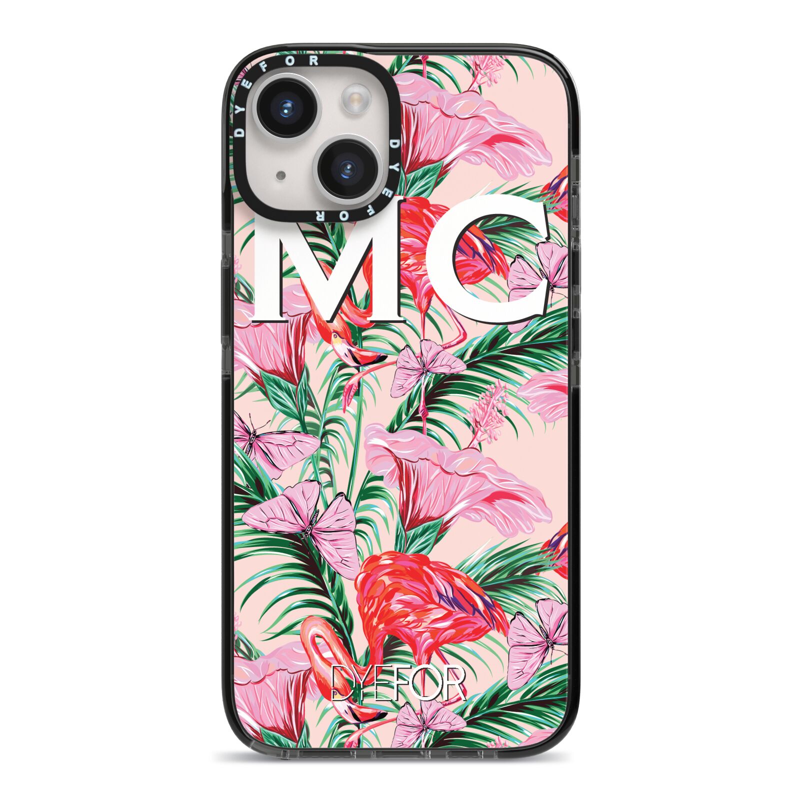 Personalised Tropical Pink Flamingo iPhone 14 Black Impact Case on Silver phone
