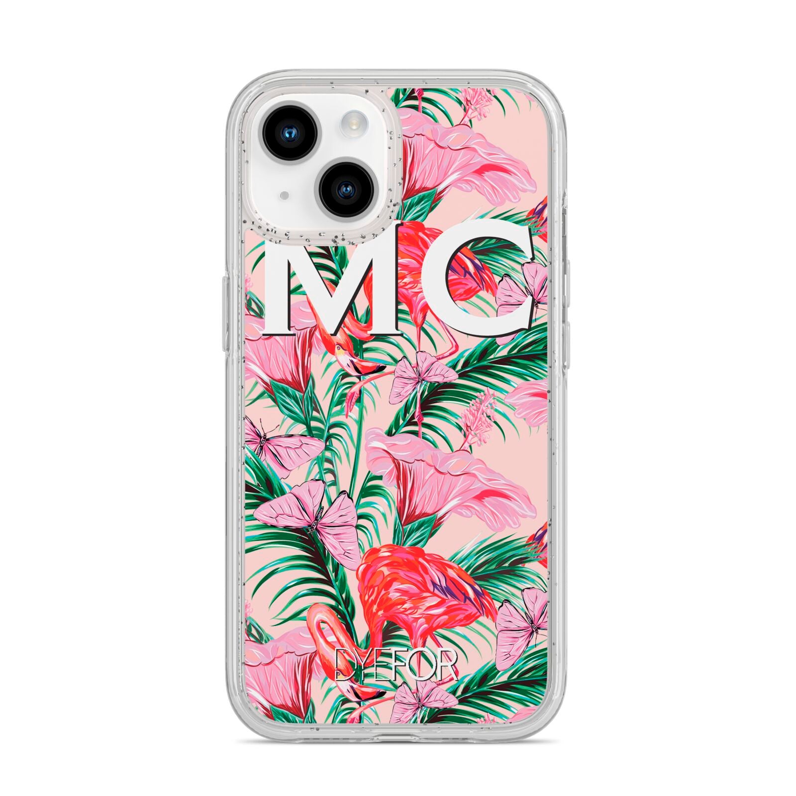 Personalised Tropical Pink Flamingo iPhone 14 Glitter Tough Case Starlight