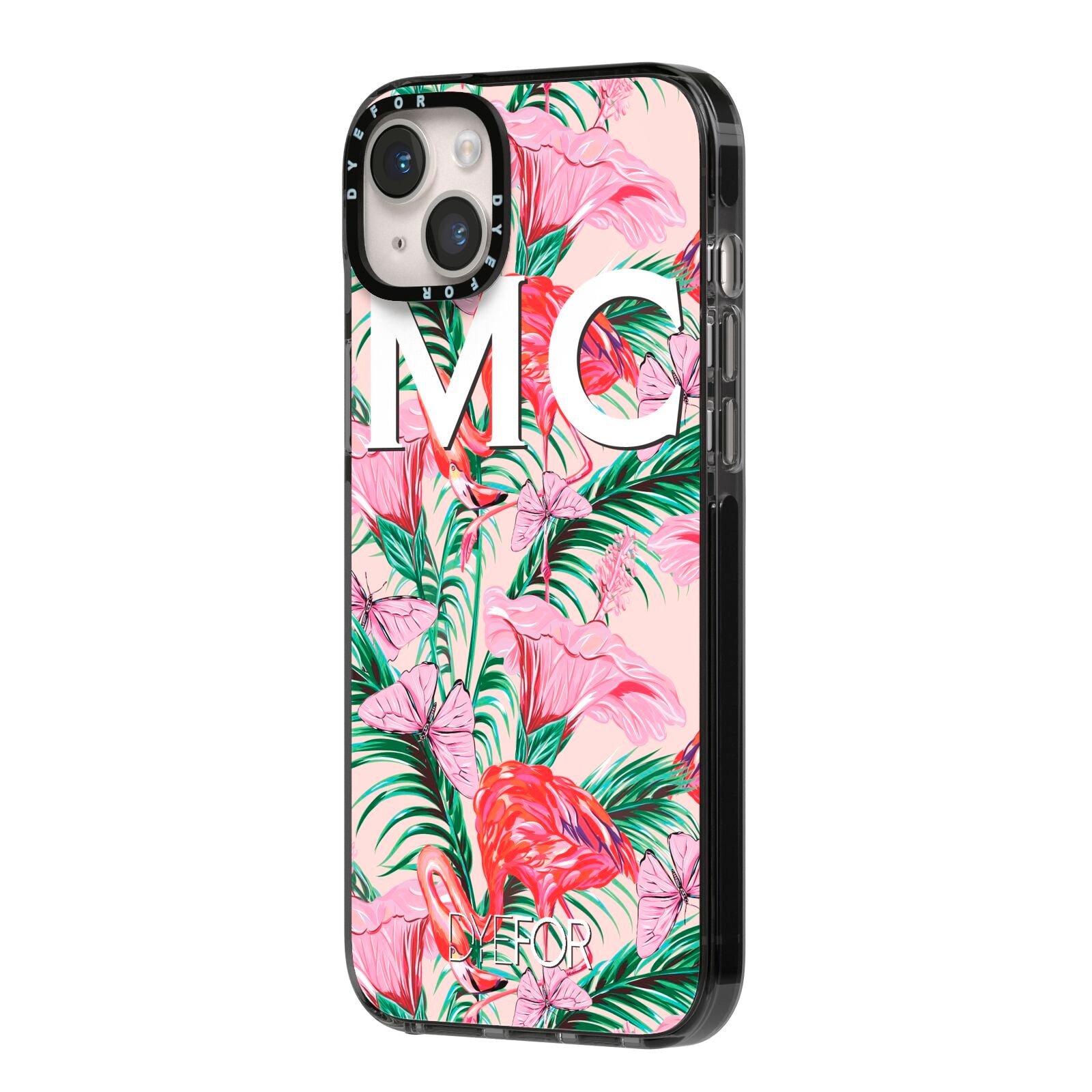 Personalised Tropical Pink Flamingo iPhone 14 Plus Black Impact Case Side Angle on Silver phone