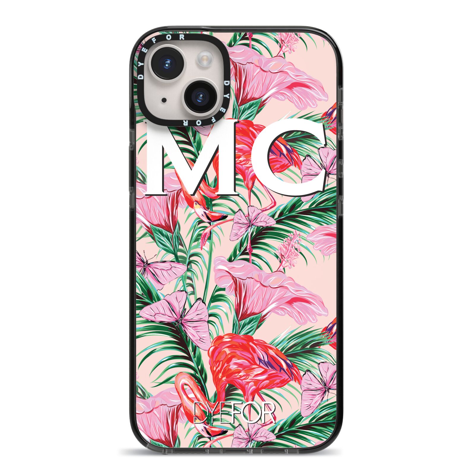 Personalised Tropical Pink Flamingo iPhone 14 Plus Black Impact Case on Silver phone