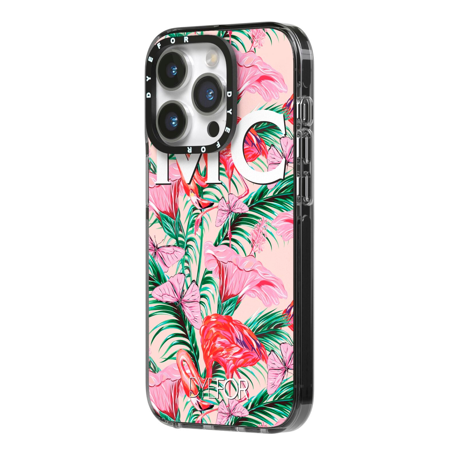 Personalised Tropical Pink Flamingo iPhone 14 Pro Black Impact Case Side Angle on Silver phone