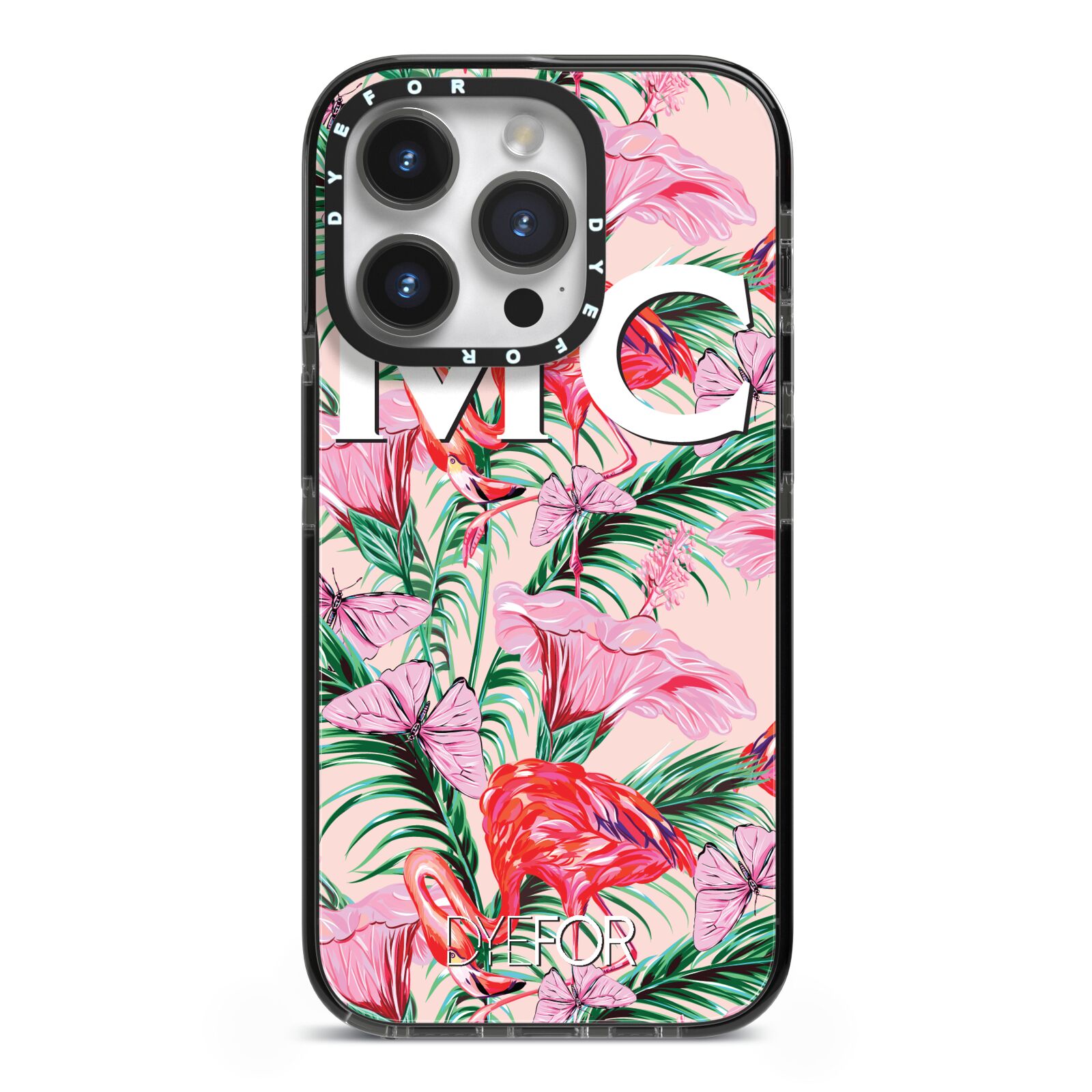 Personalised Tropical Pink Flamingo iPhone 14 Pro Black Impact Case on Silver phone