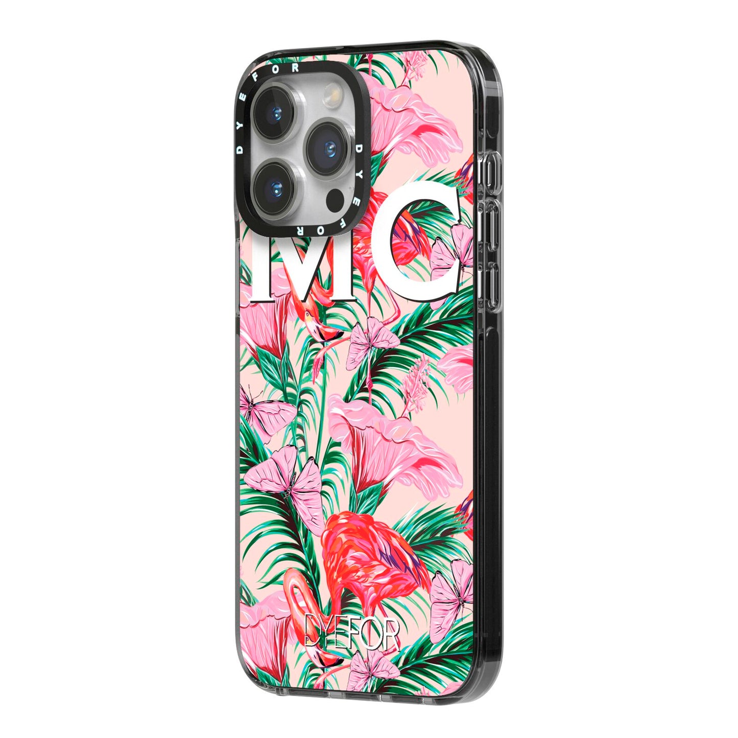 Personalised Tropical Pink Flamingo iPhone 14 Pro Max Black Impact Case Side Angle on Silver phone