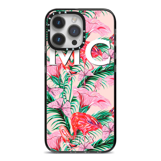 Personalised Tropical Pink Flamingo iPhone 14 Pro Max Black Impact Case on Silver phone