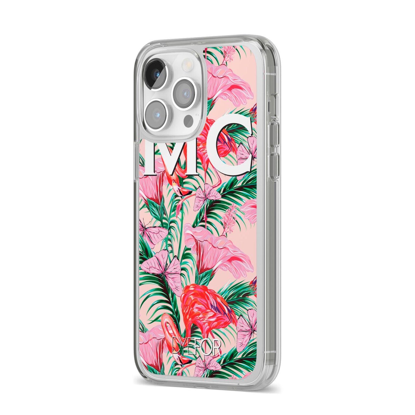 Personalised Tropical Pink Flamingo iPhone 14 Pro Max Clear Tough Case Silver Angled Image