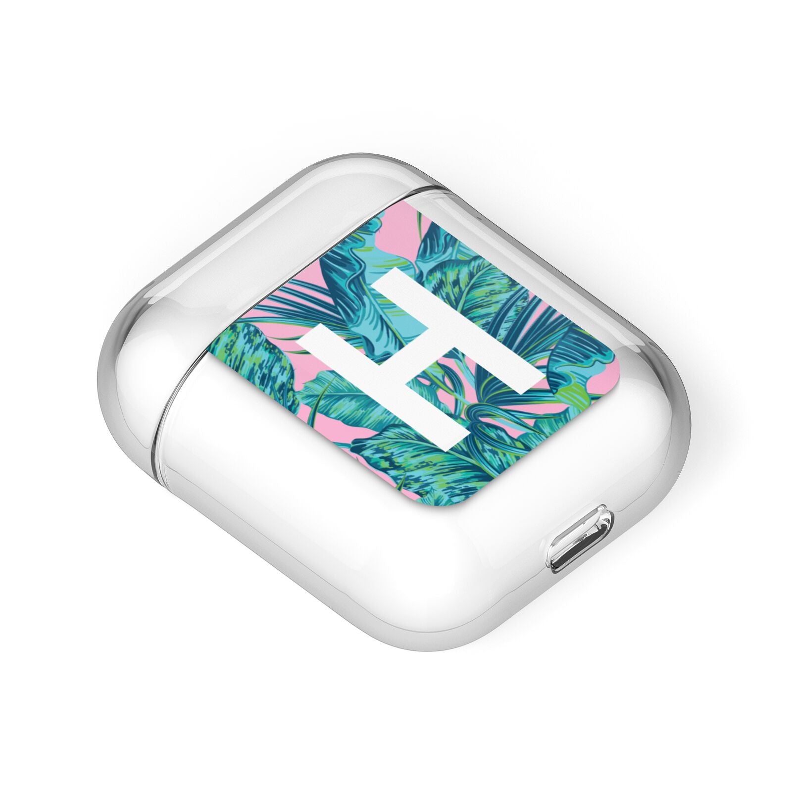 Personalised Tropical Pink and Green AirPods Case Laid Flat
