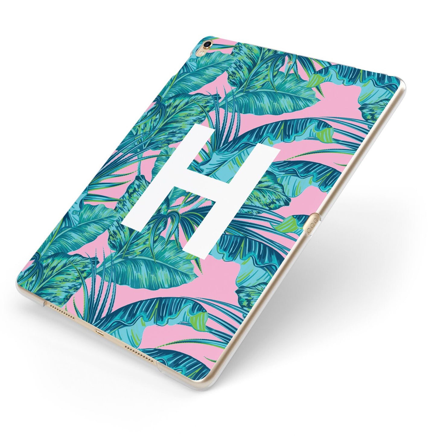 Personalised Tropical Pink and Green Apple iPad Case on Gold iPad Side View