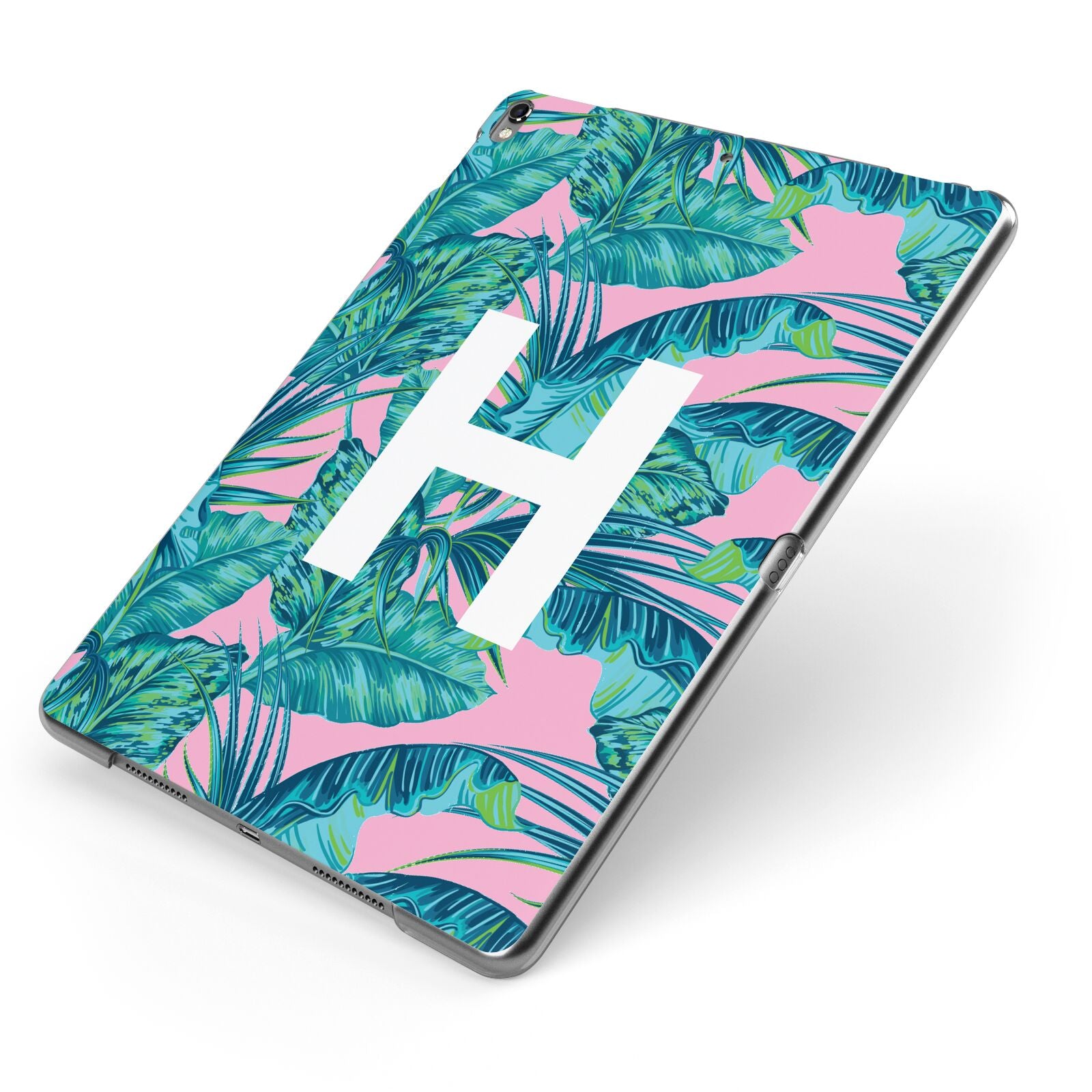 Personalised Tropical Pink and Green Apple iPad Case on Grey iPad Side View