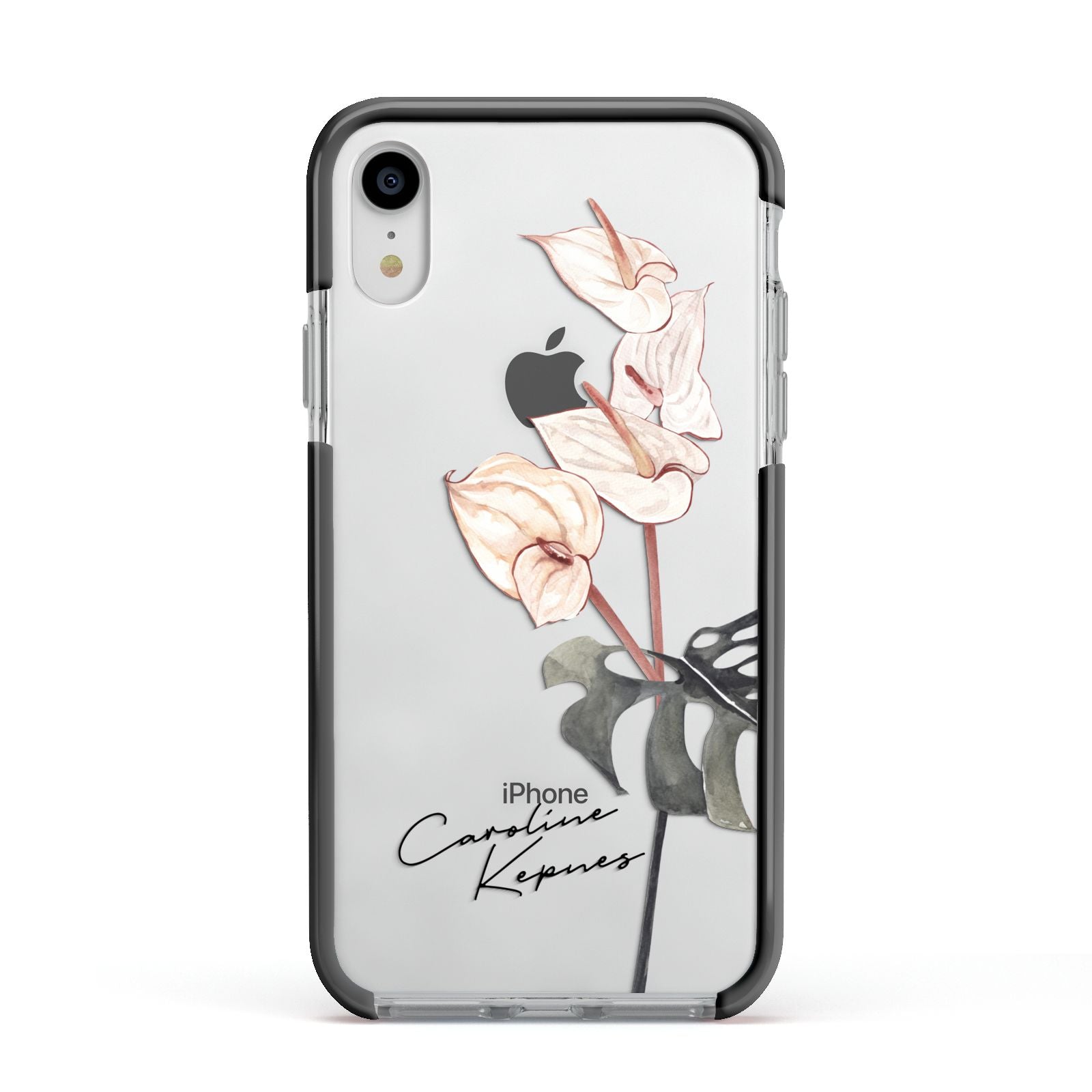 Personalised Tropical Plant Apple iPhone XR Impact Case Black Edge on Silver Phone