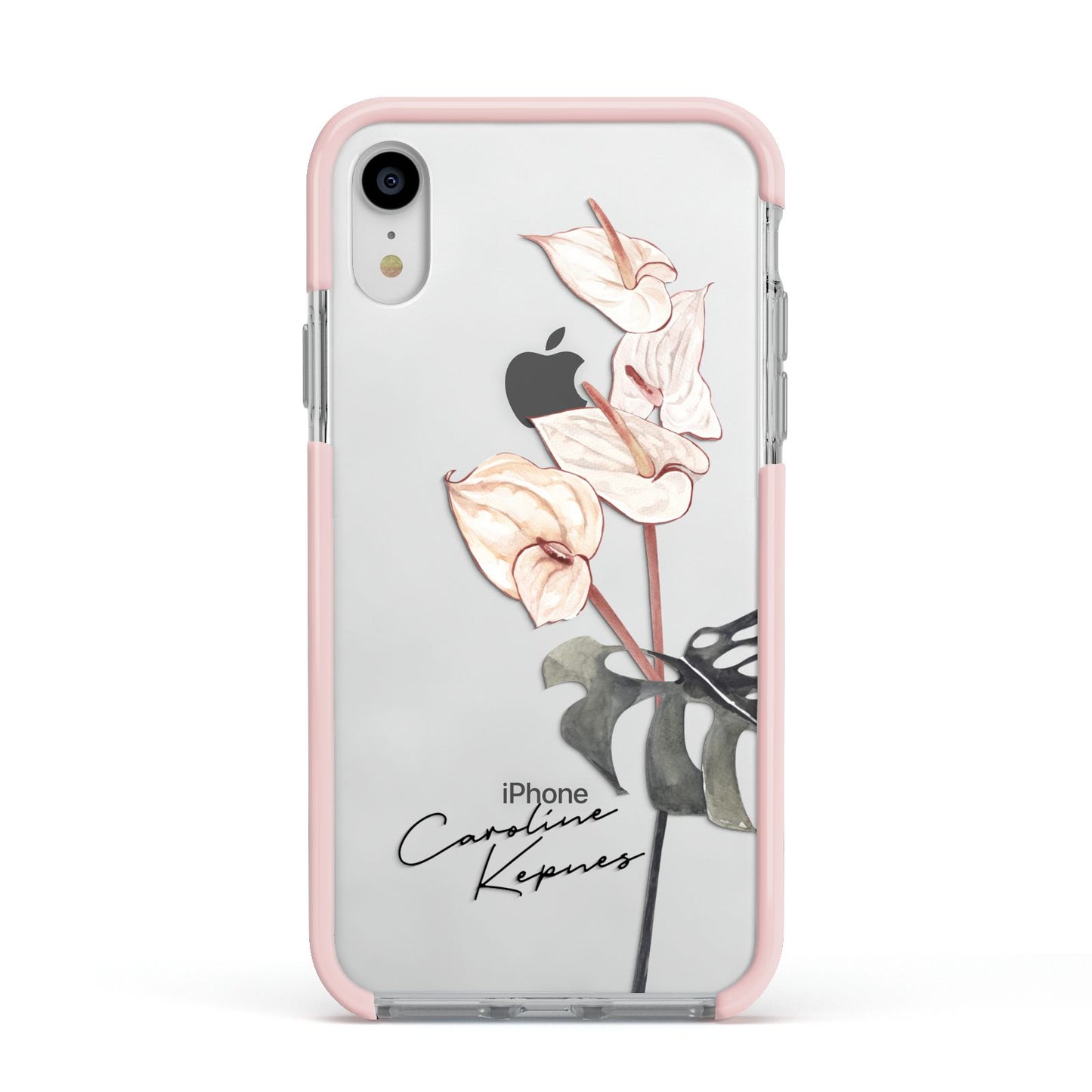 Personalised Tropical Plant Apple iPhone XR Impact Case Pink Edge on Silver Phone