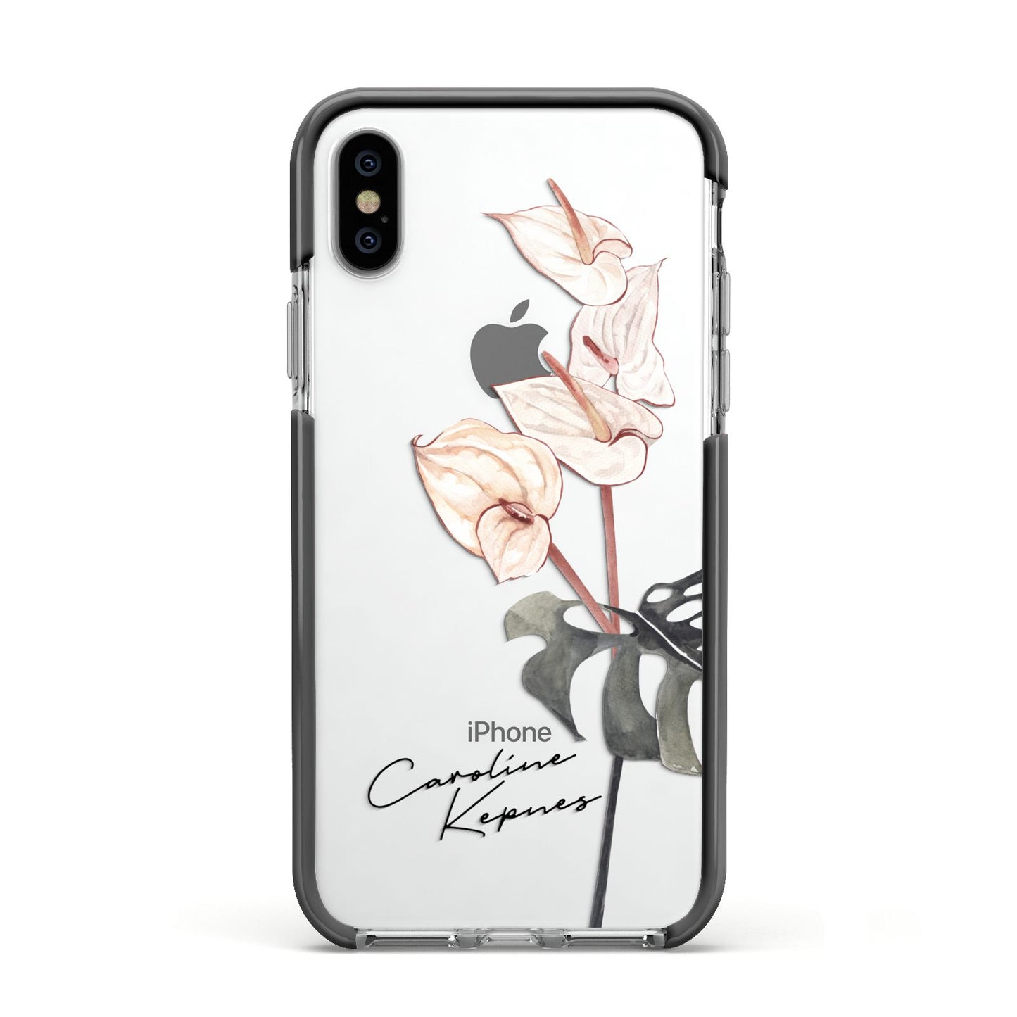 Personalised Tropical Plant Apple iPhone Xs Impact Case Black Edge on Silver Phone