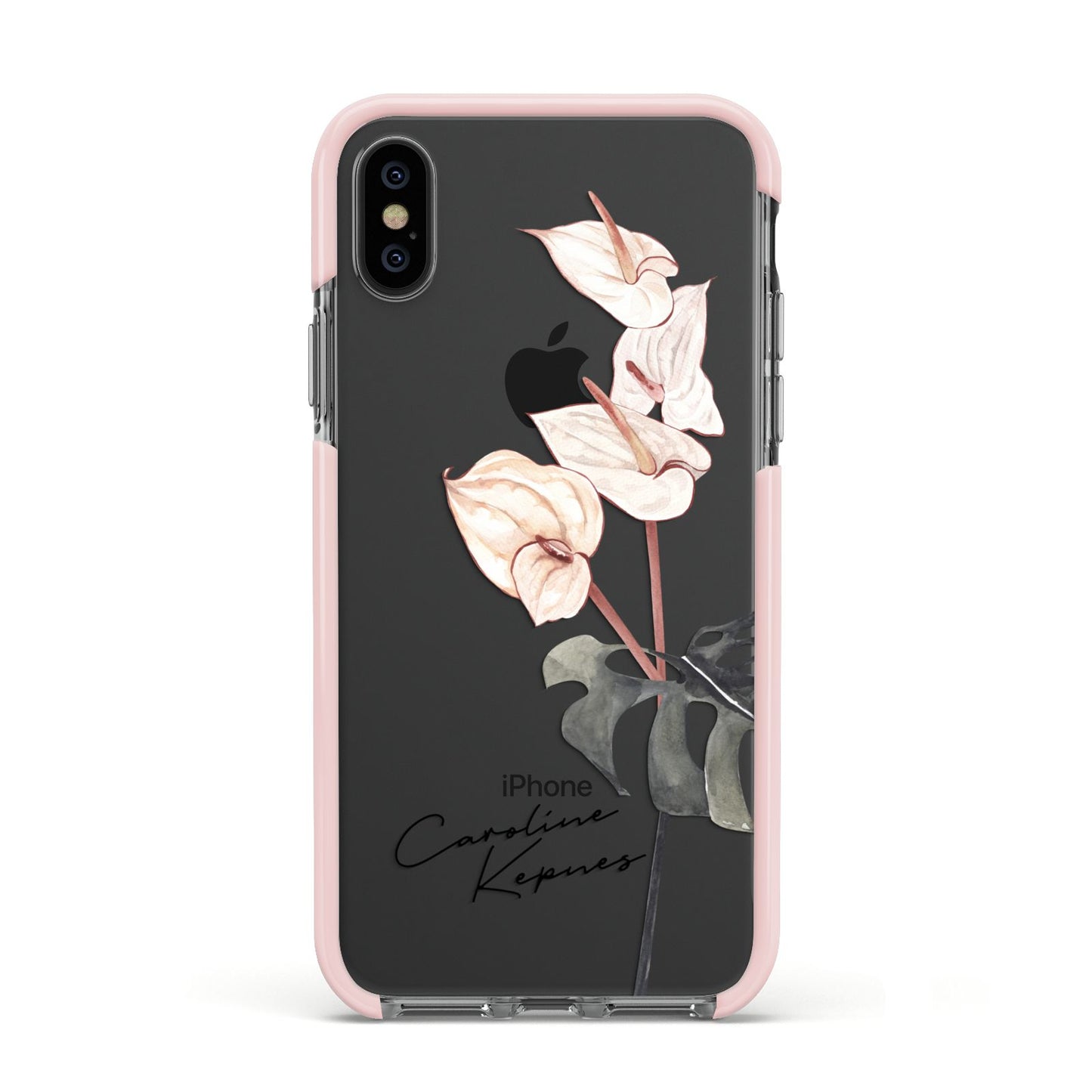 Personalised Tropical Plant Apple iPhone Xs Impact Case Pink Edge on Black Phone