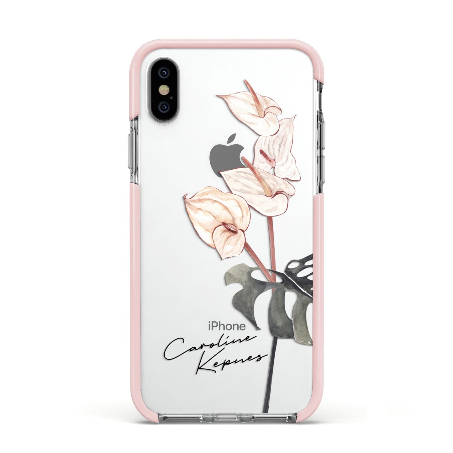 Personalised Tropical Plant Apple iPhone Xs Impact Case Pink Edge on Silver Phone