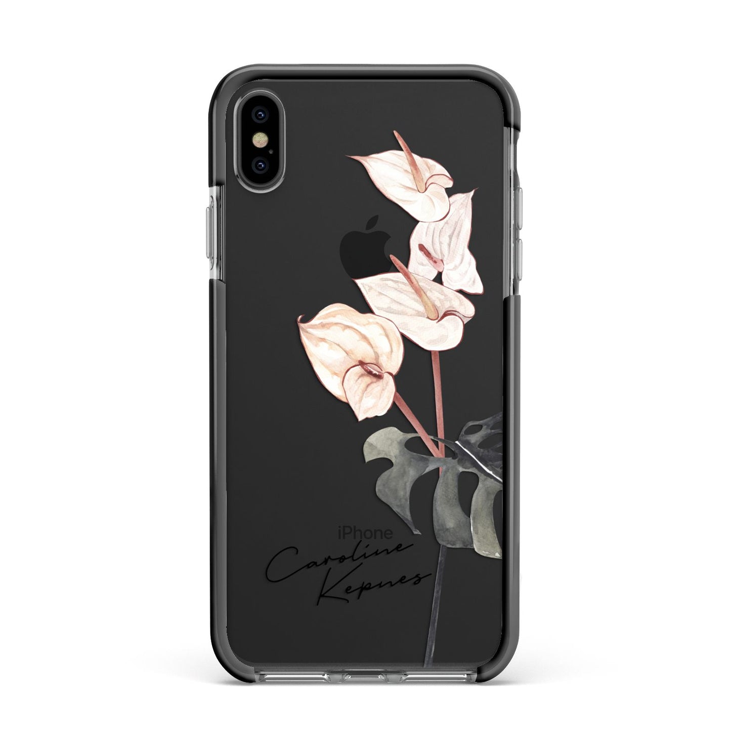 Personalised Tropical Plant Apple iPhone Xs Max Impact Case Black Edge on Black Phone