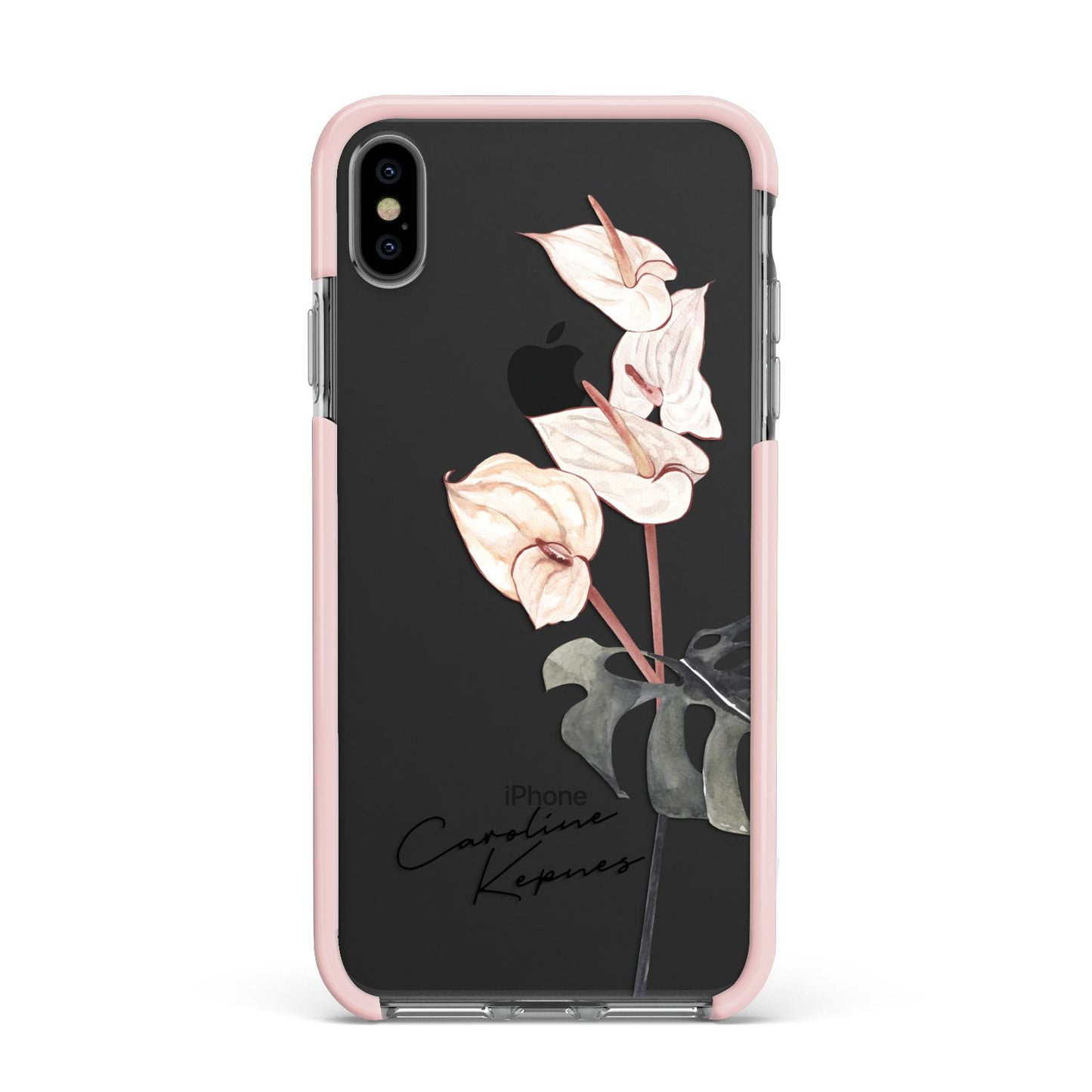 Personalised Tropical Plant Apple iPhone Xs Max Impact Case Pink Edge on Black Phone
