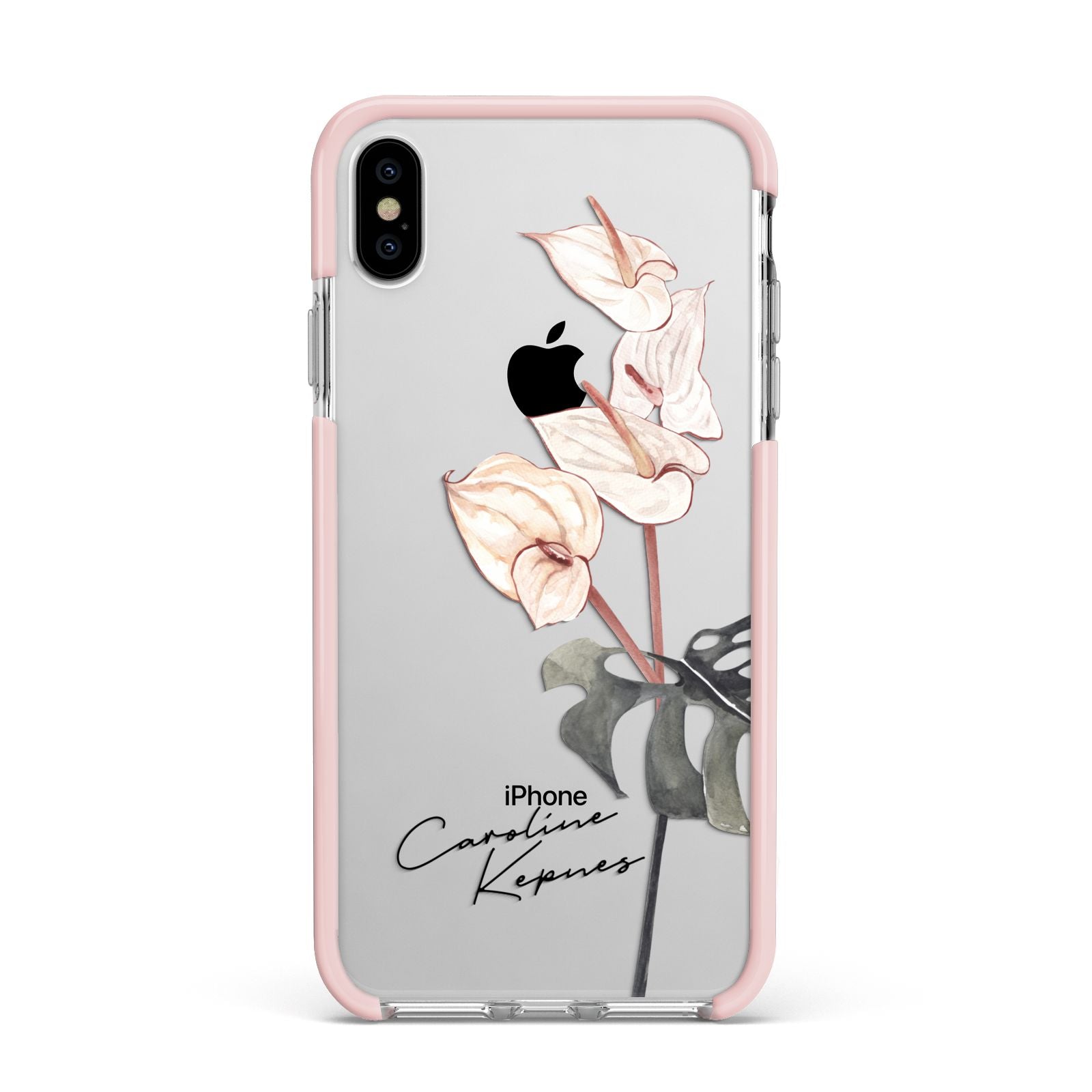 Personalised Tropical Plant Apple iPhone Xs Max Impact Case Pink Edge on Silver Phone