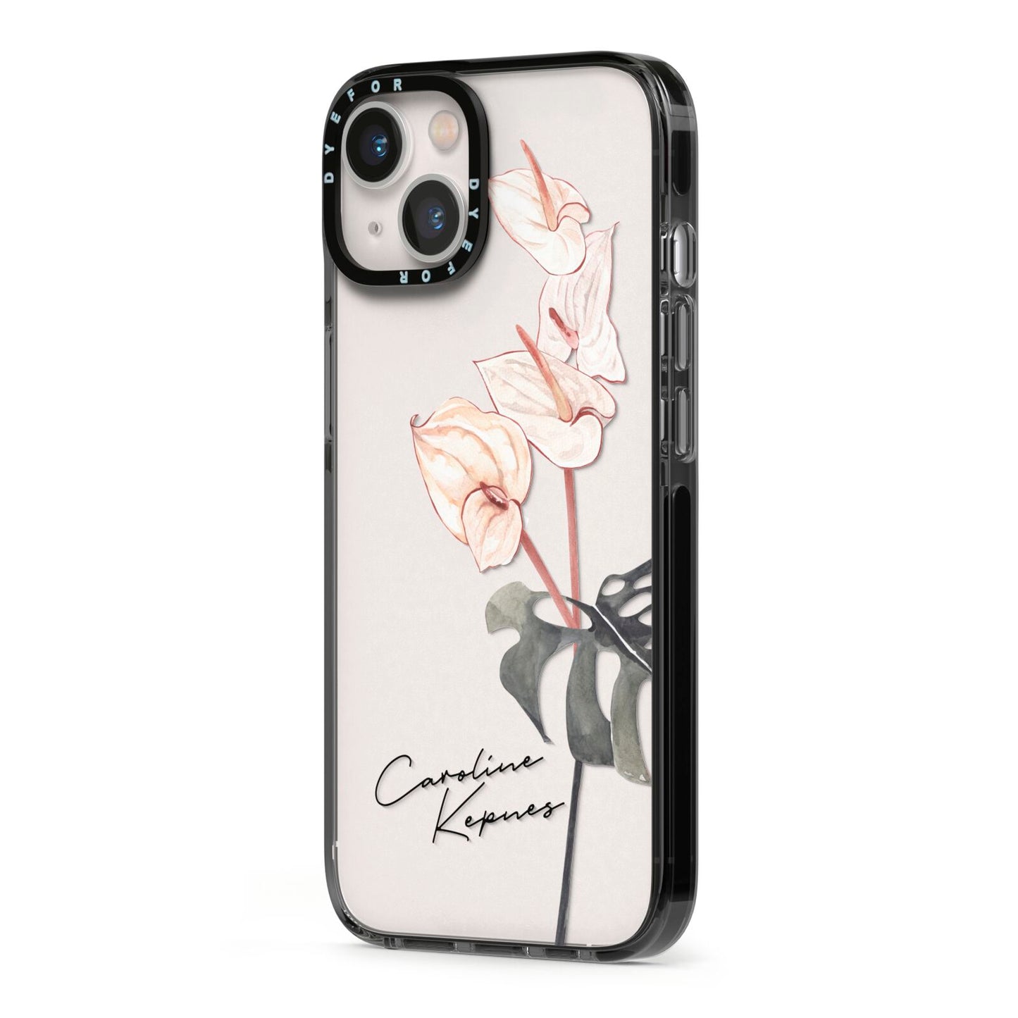 Personalised Tropical Plant iPhone 13 Black Impact Case Side Angle on Silver phone