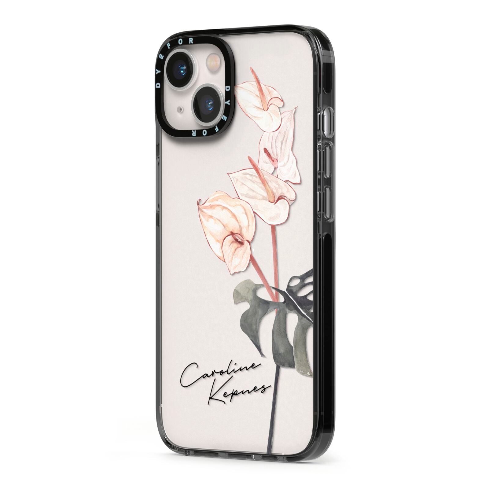 Personalised Tropical Plant iPhone 13 Black Impact Case Side Angle on Silver phone