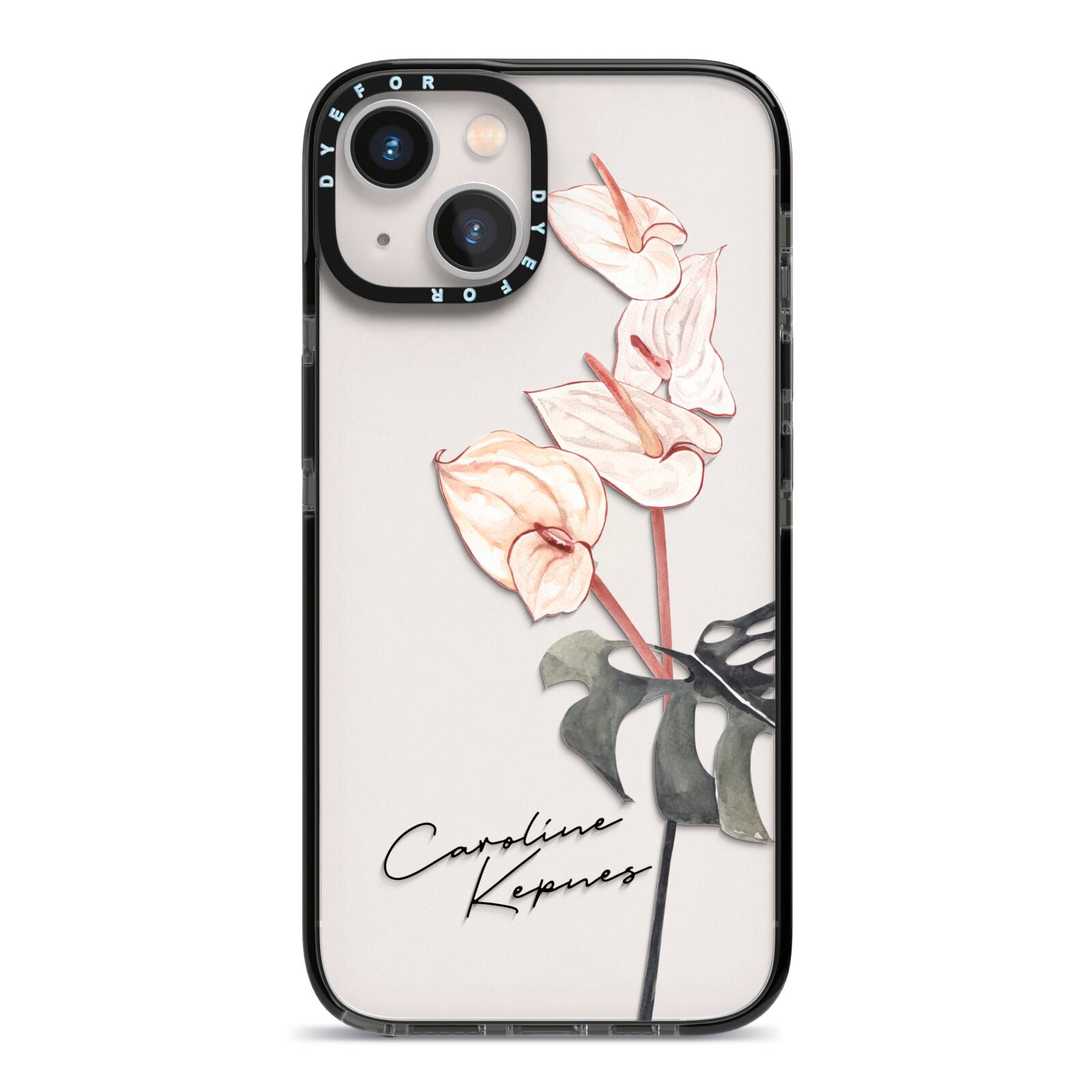 Personalised Tropical Plant iPhone 13 Black Impact Case on Silver phone