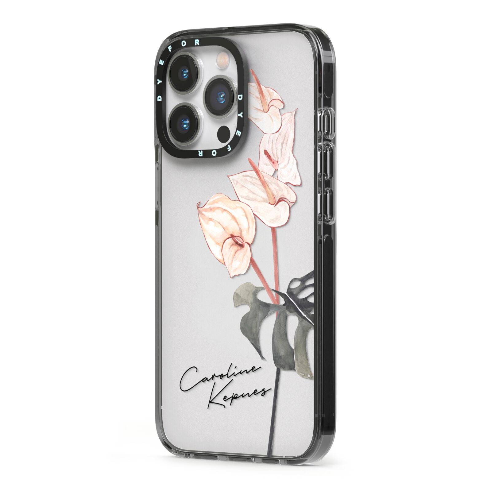 Personalised Tropical Plant iPhone 13 Pro Black Impact Case Side Angle on Silver phone