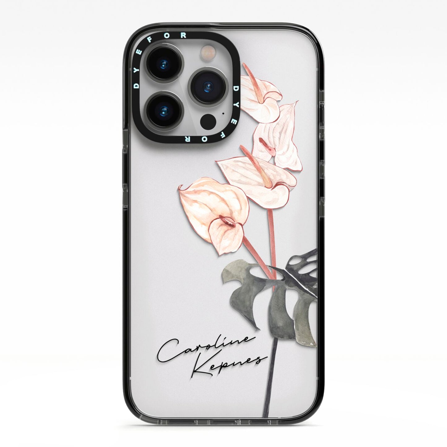Personalised Tropical Plant iPhone 13 Pro Black Impact Case on Silver phone