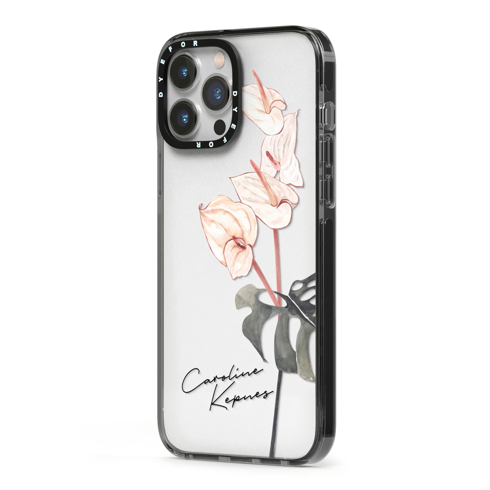 Personalised Tropical Plant iPhone 13 Pro Max Black Impact Case Side Angle on Silver phone