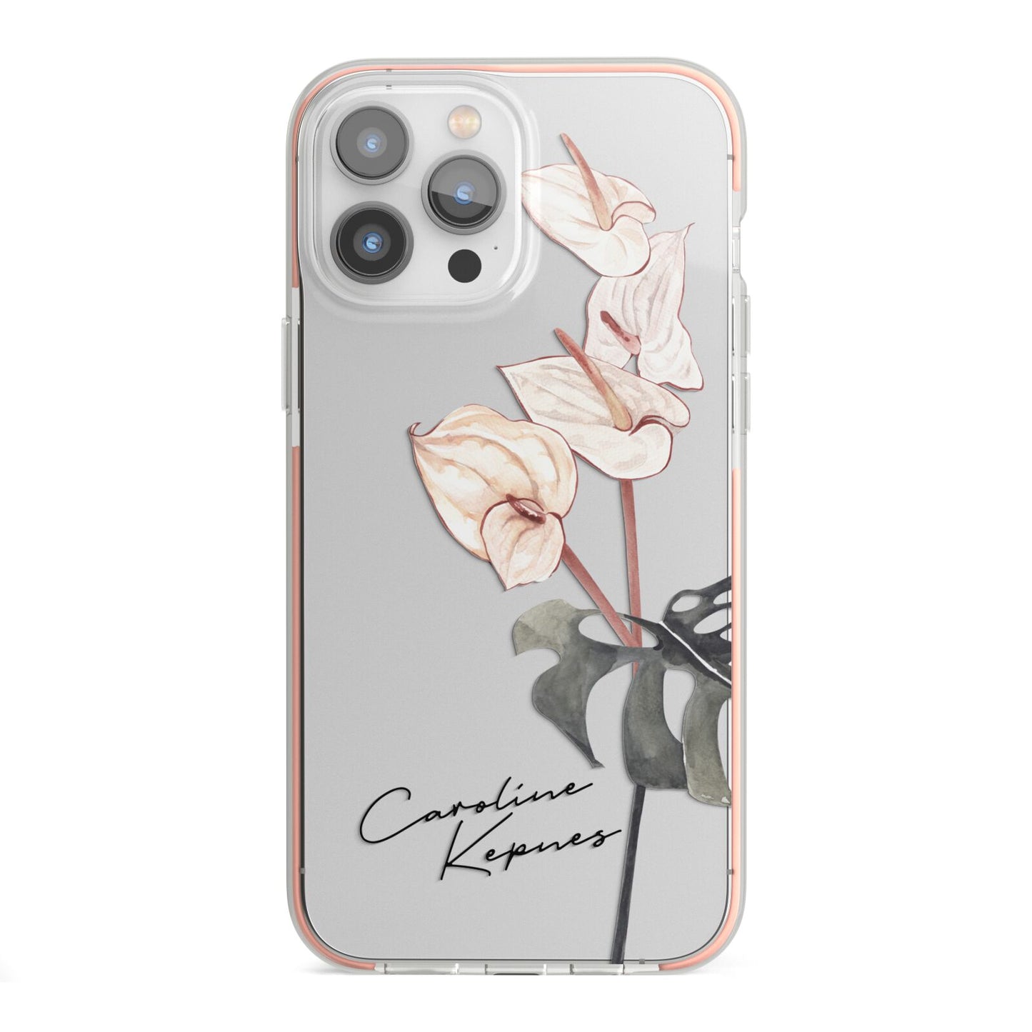 Personalised Tropical Plant iPhone 13 Pro Max TPU Impact Case with Pink Edges