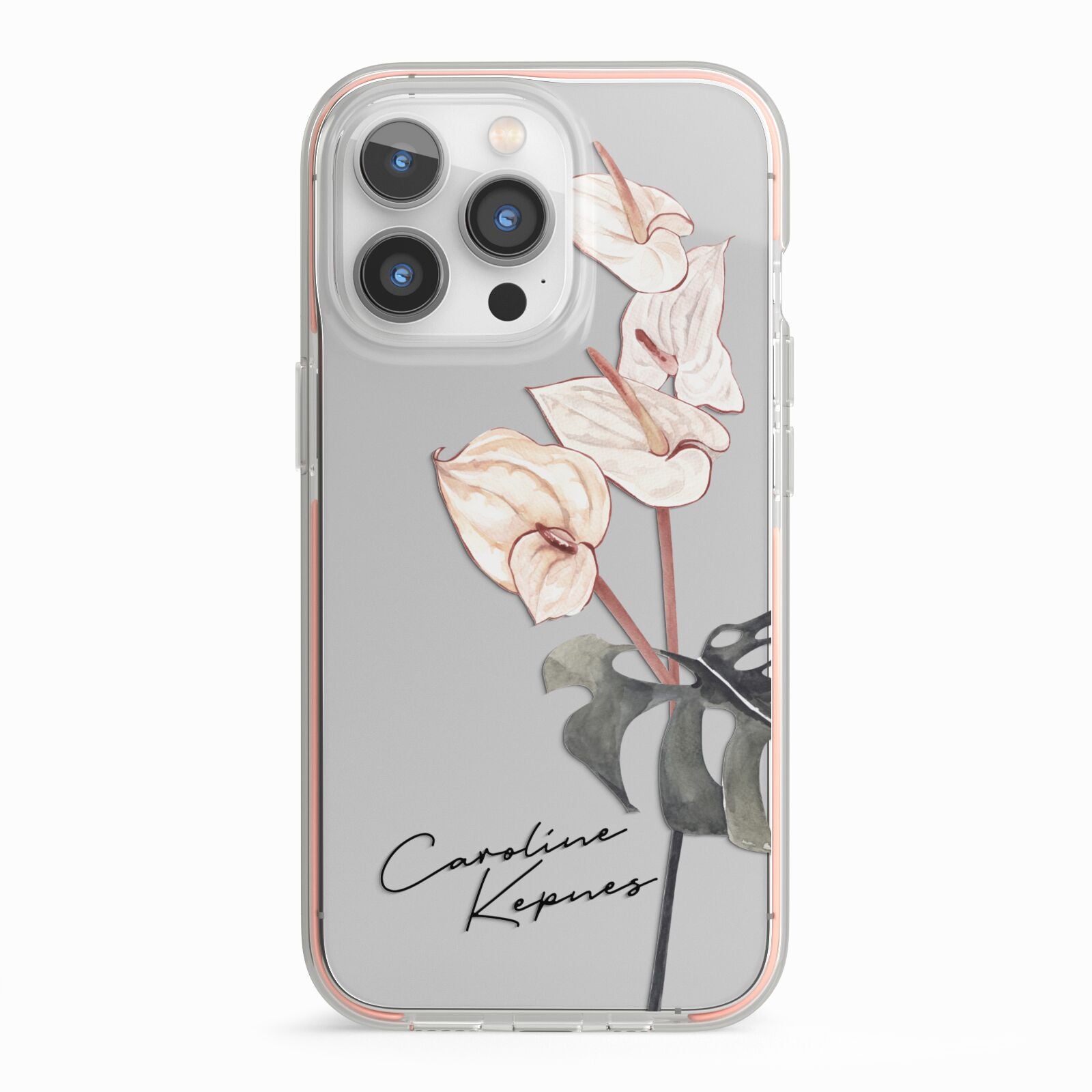 Personalised Tropical Plant iPhone 13 Pro TPU Impact Case with Pink Edges