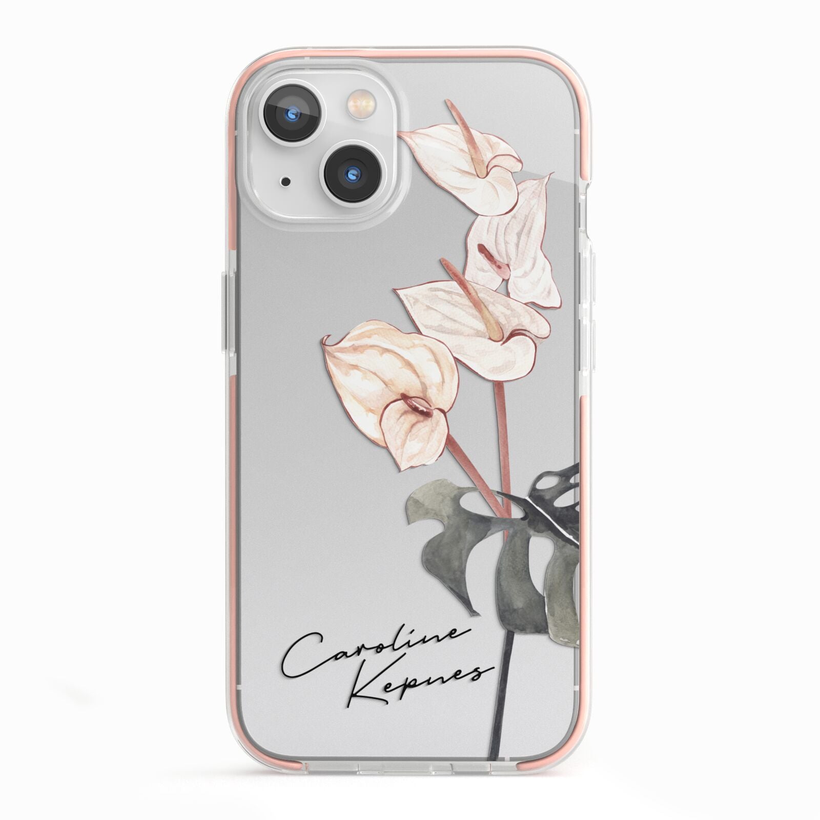 Personalised Tropical Plant iPhone 13 TPU Impact Case with Pink Edges