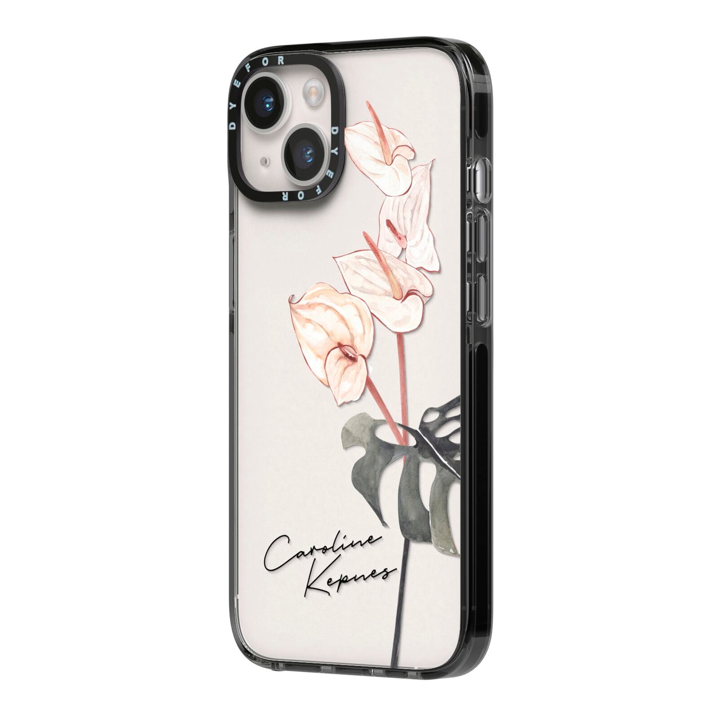 Personalised Tropical Plant iPhone 14 Black Impact Case Side Angle on Silver phone