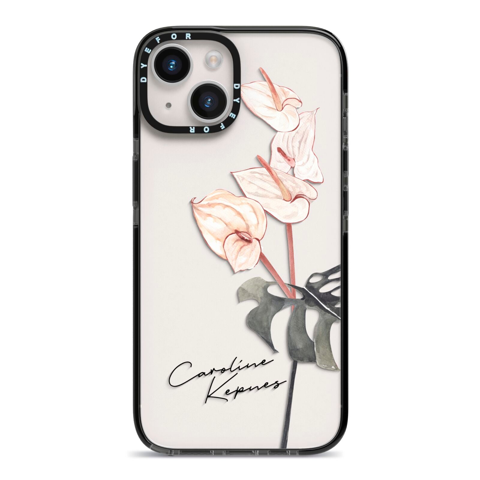 Personalised Tropical Plant iPhone 14 Black Impact Case on Silver phone