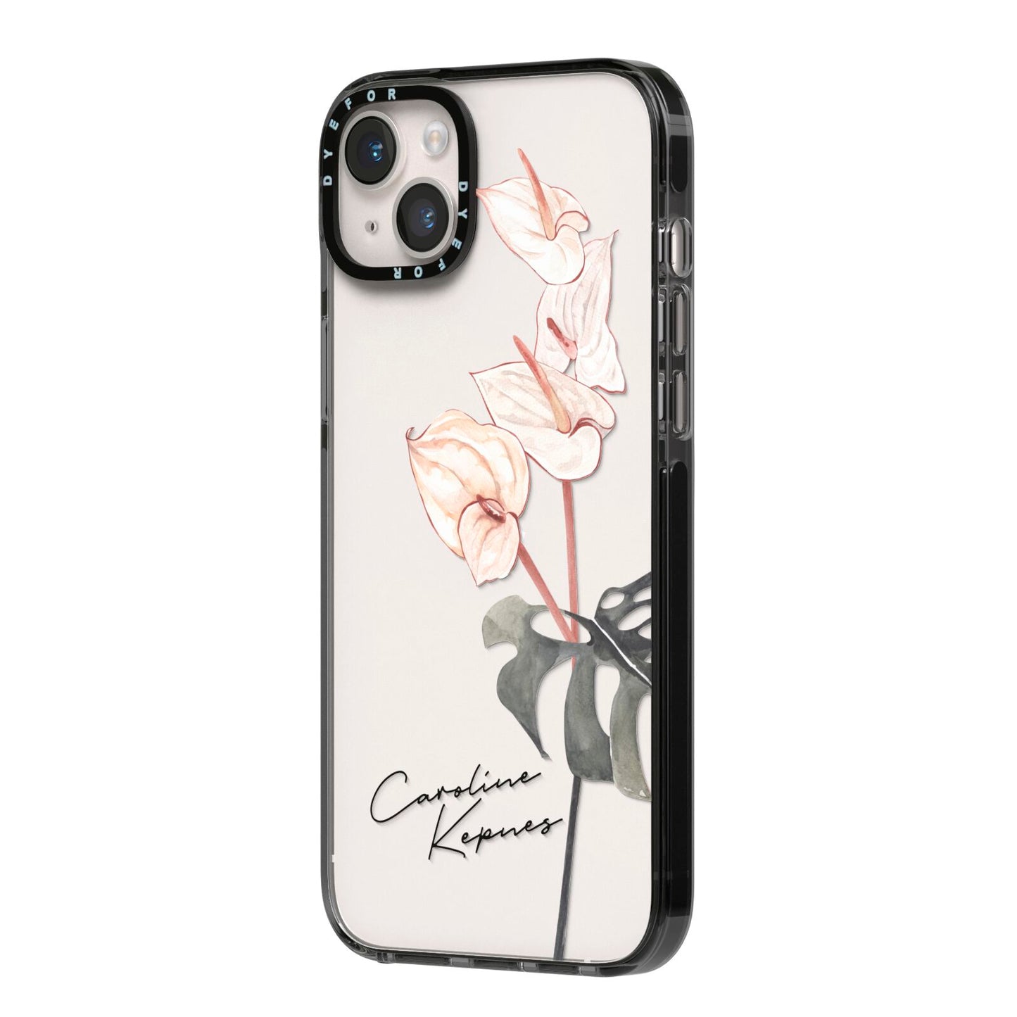 Personalised Tropical Plant iPhone 14 Plus Black Impact Case Side Angle on Silver phone