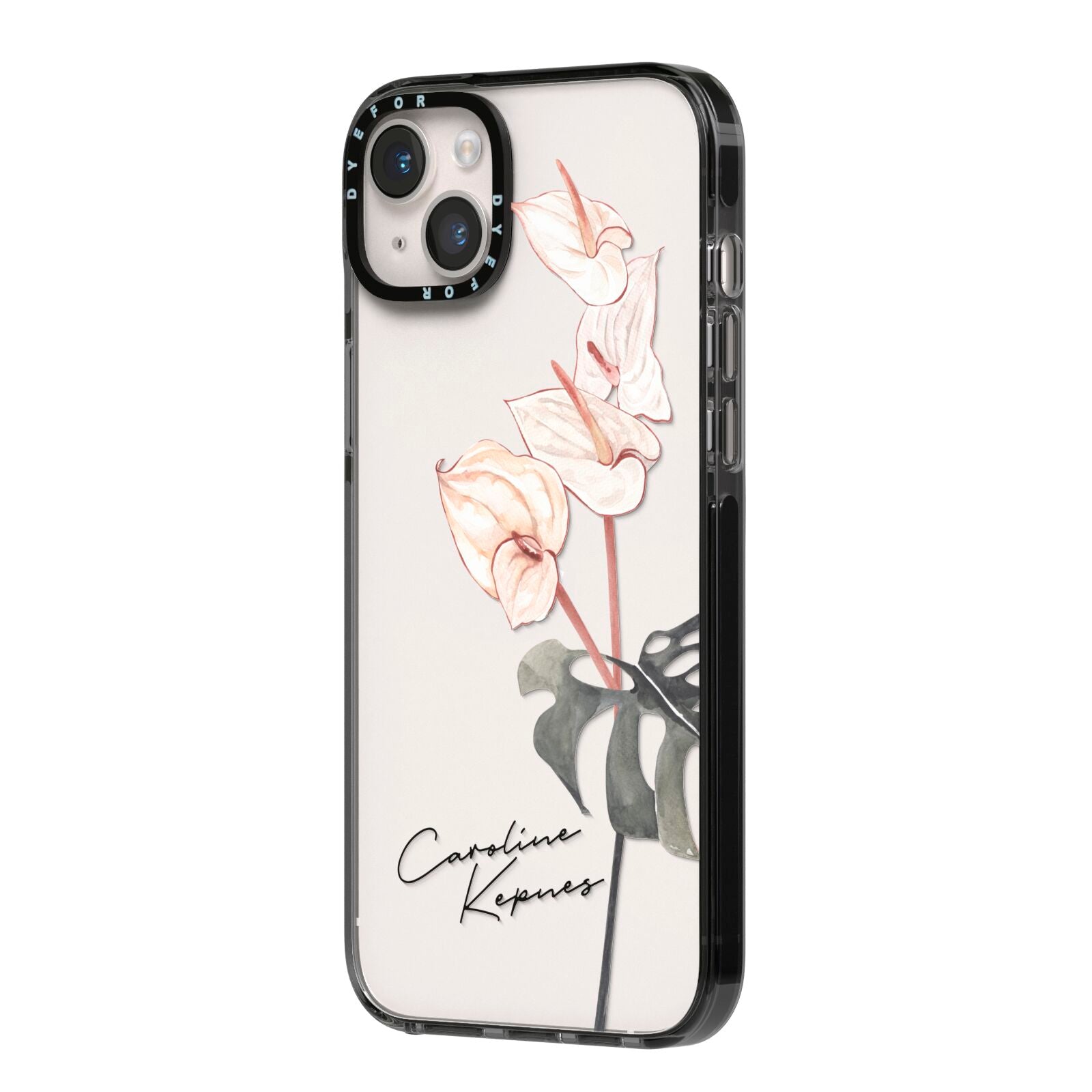 Personalised Tropical Plant iPhone 14 Plus Black Impact Case Side Angle on Silver phone