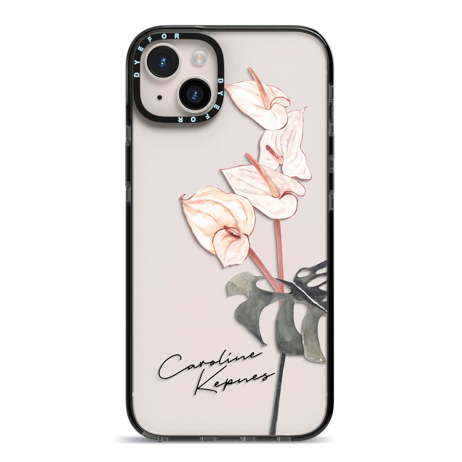 Personalised Tropical Plant iPhone 14 Plus Black Impact Case on Silver phone