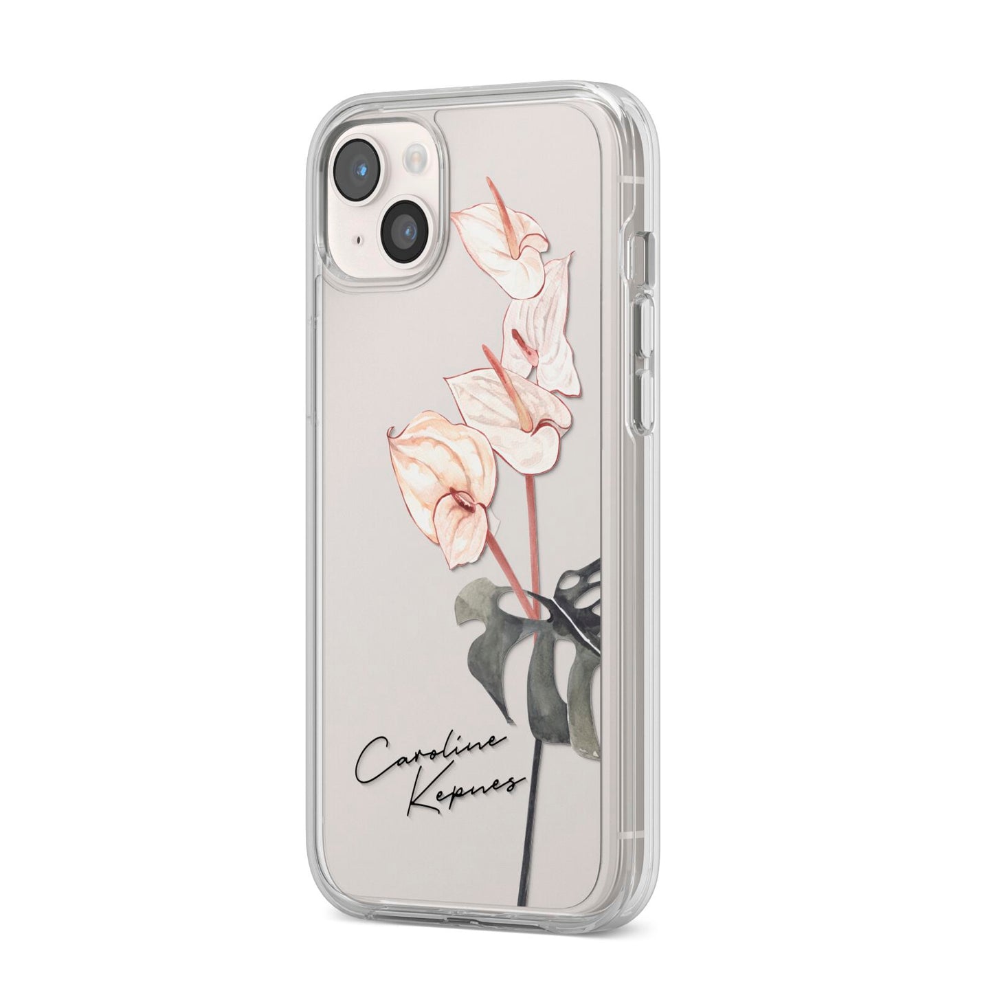 Personalised Tropical Plant iPhone 14 Plus Clear Tough Case Starlight Angled Image