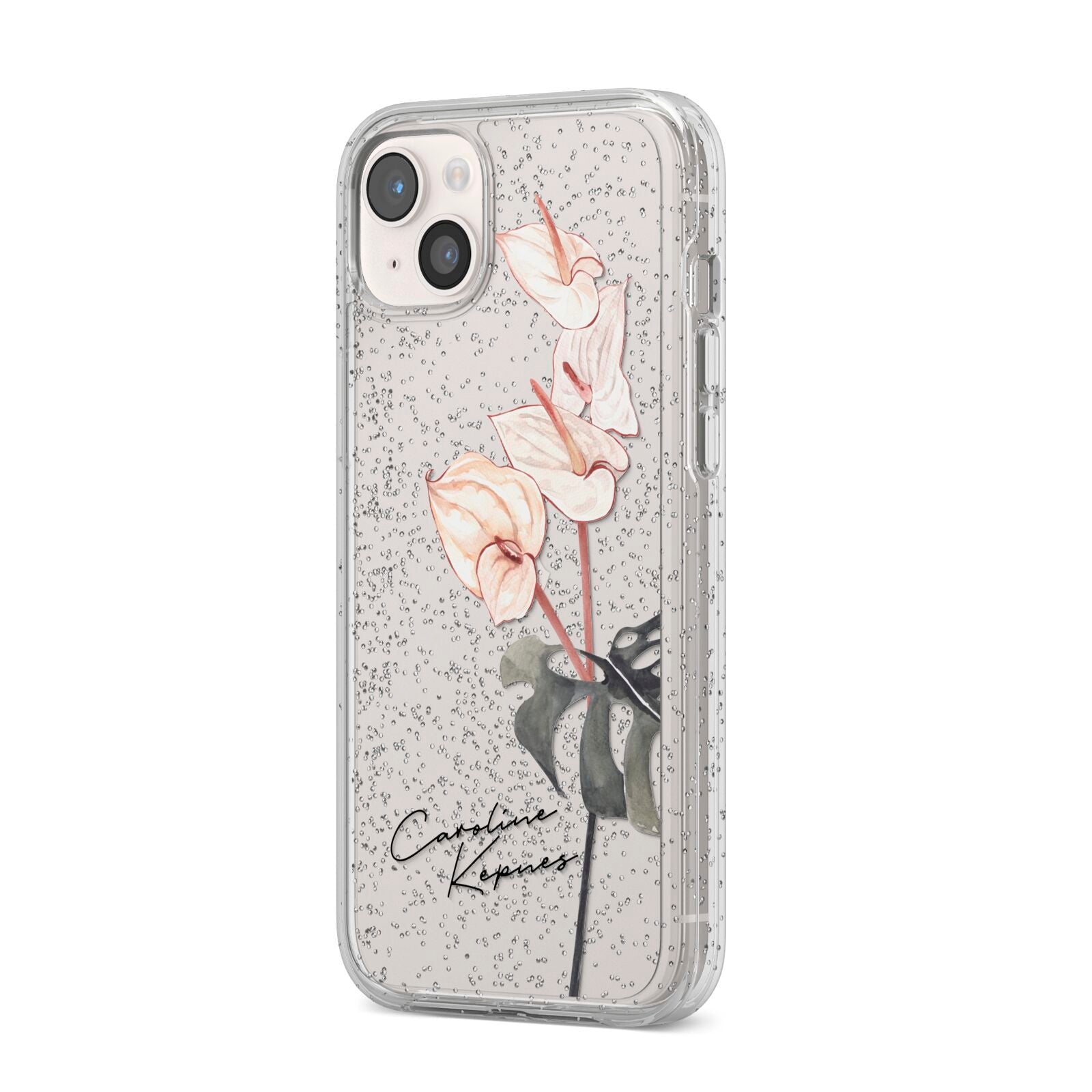 Personalised Tropical Plant iPhone 14 Plus Glitter Tough Case Starlight Angled Image