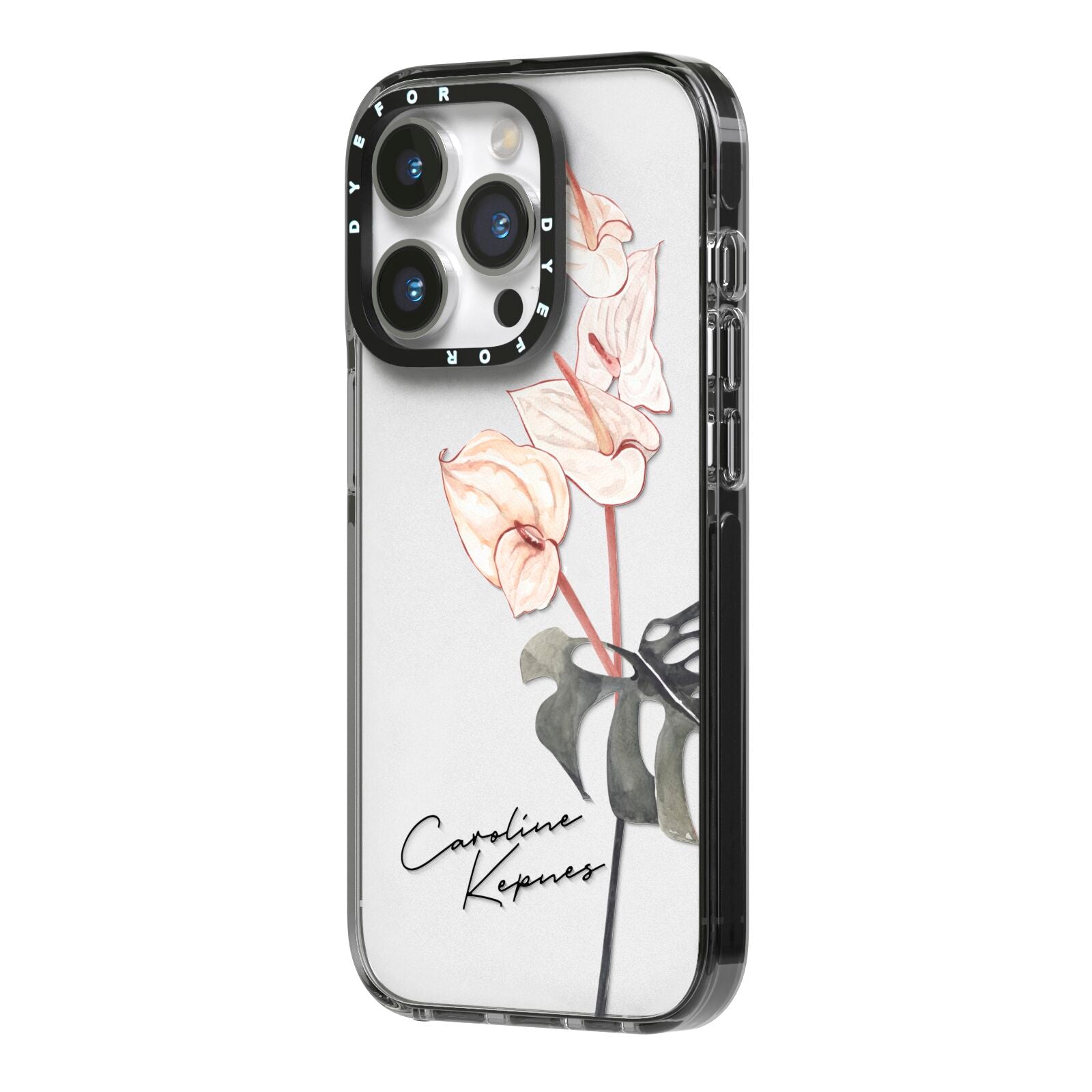 Personalised Tropical Plant iPhone 14 Pro Black Impact Case Side Angle on Silver phone