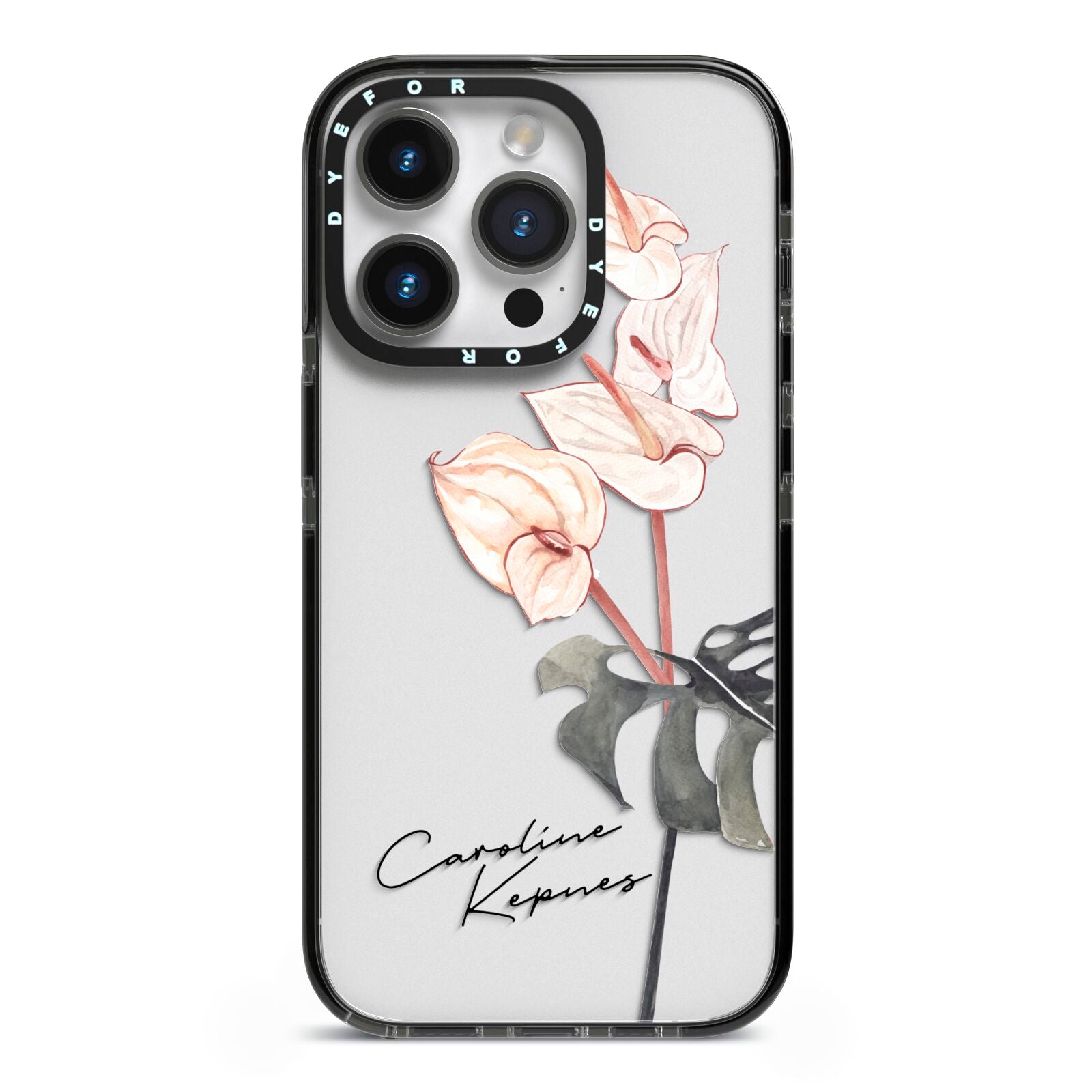 Personalised Tropical Plant iPhone 14 Pro Black Impact Case on Silver phone