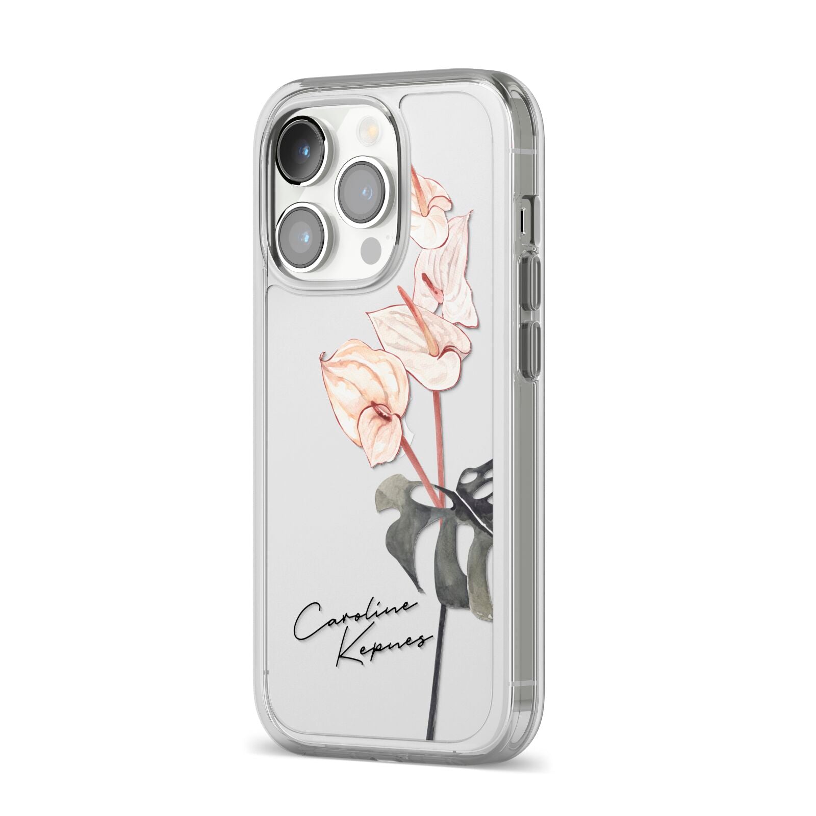Personalised Tropical Plant iPhone 14 Pro Clear Tough Case Silver Angled Image